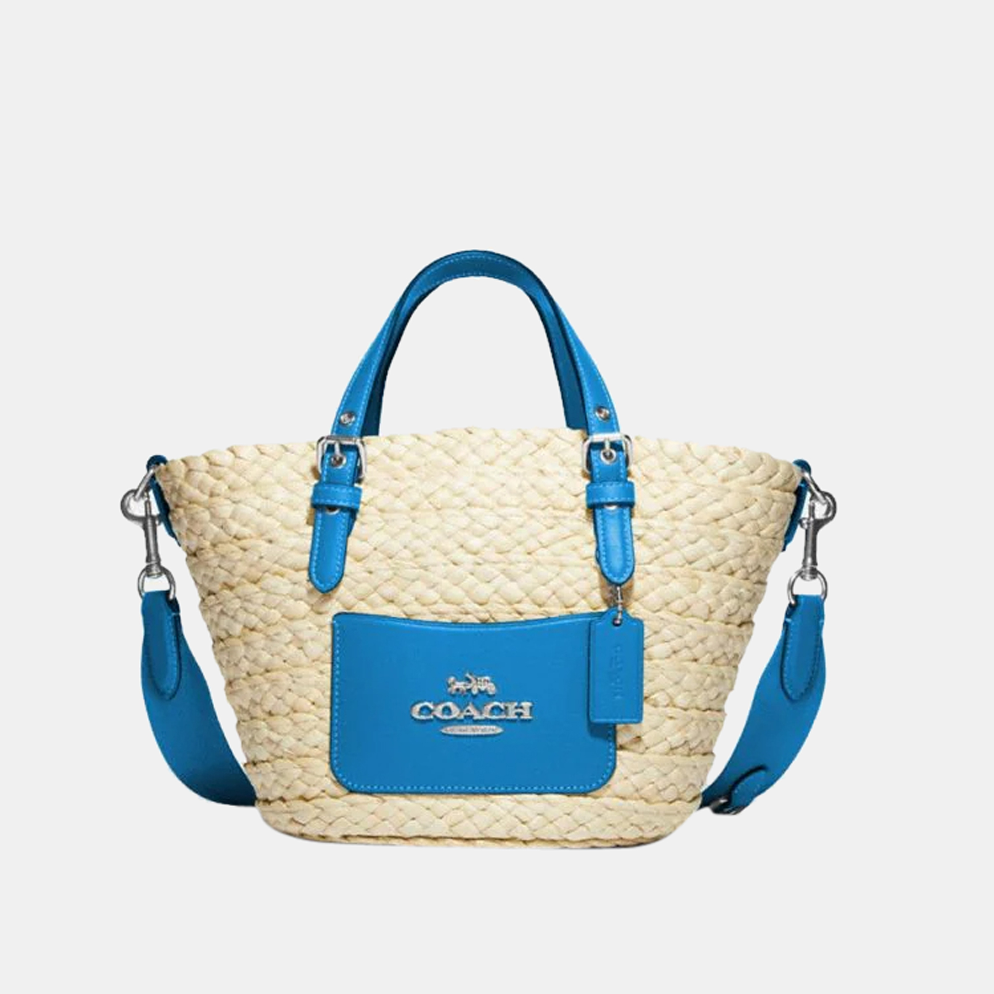Coach Blue Straw & Leather Small Tote Bag