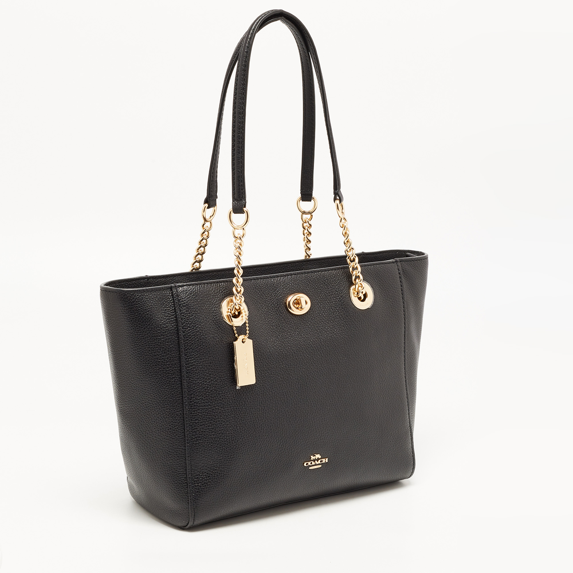 Coach Black Pebbled Leather Turnlock Chain Tote
