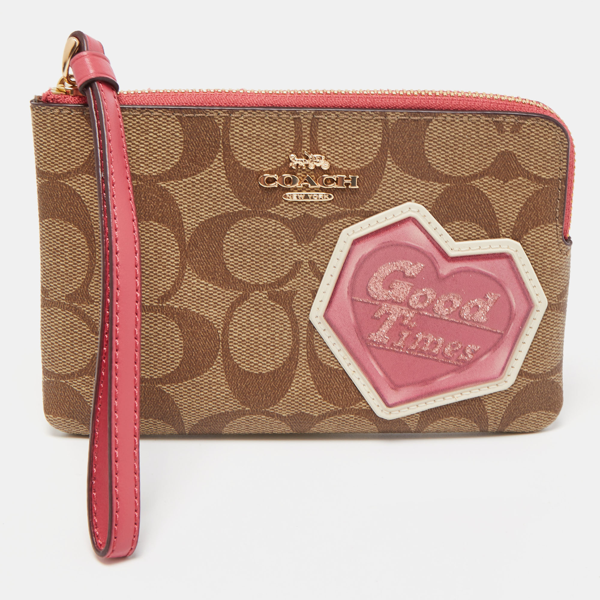 Coach beige/old rose signature coated canvas and leather disco patch wristlet pouch
