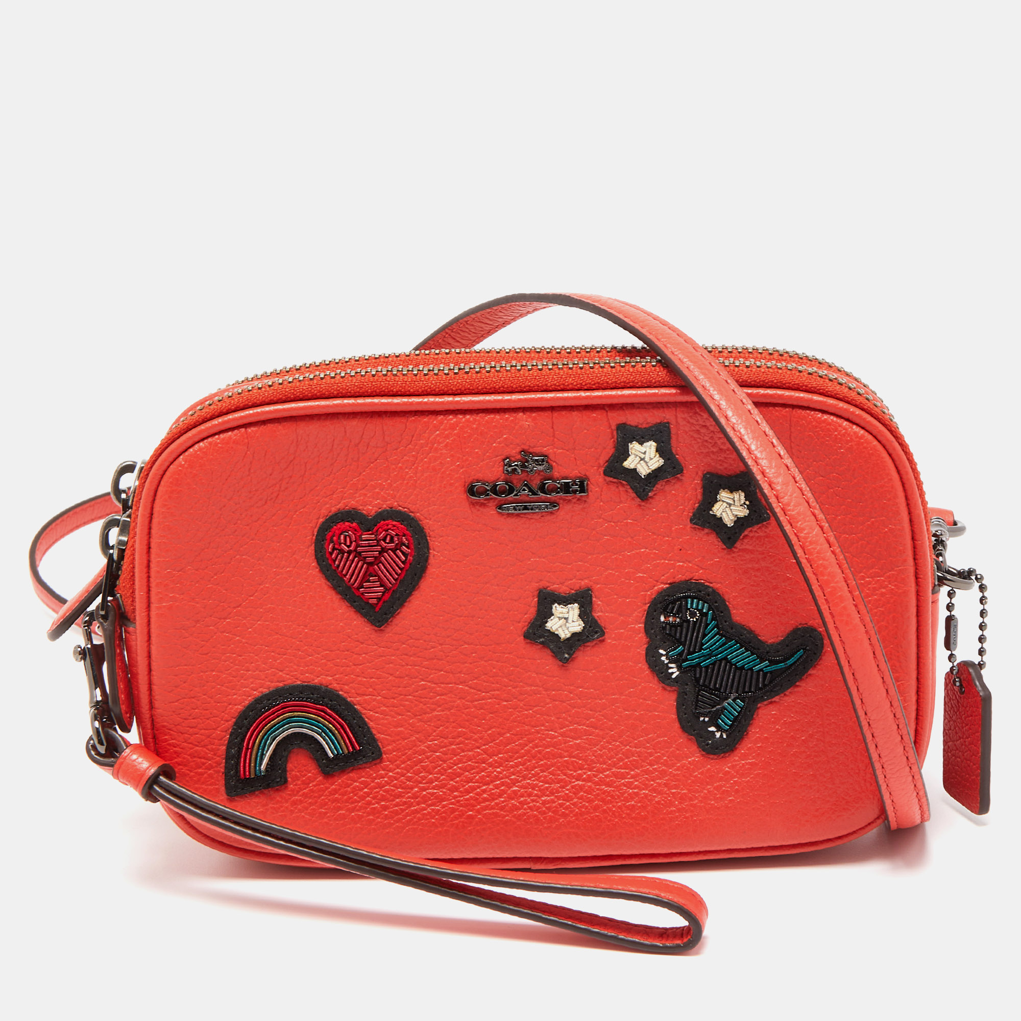 Coach Red Coral Leather Souvenir Embroidery Crossbody Clutch