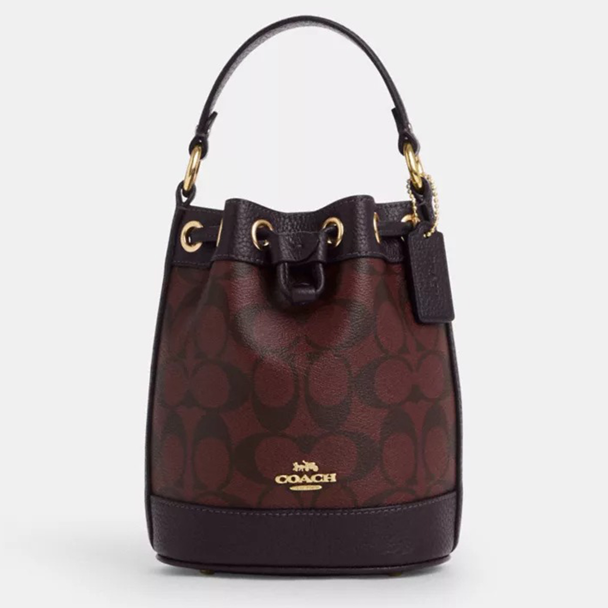 Coach Burgundy/Black Signature Coated Canvas And Leather Dempsey Drawstring Bucket Bag