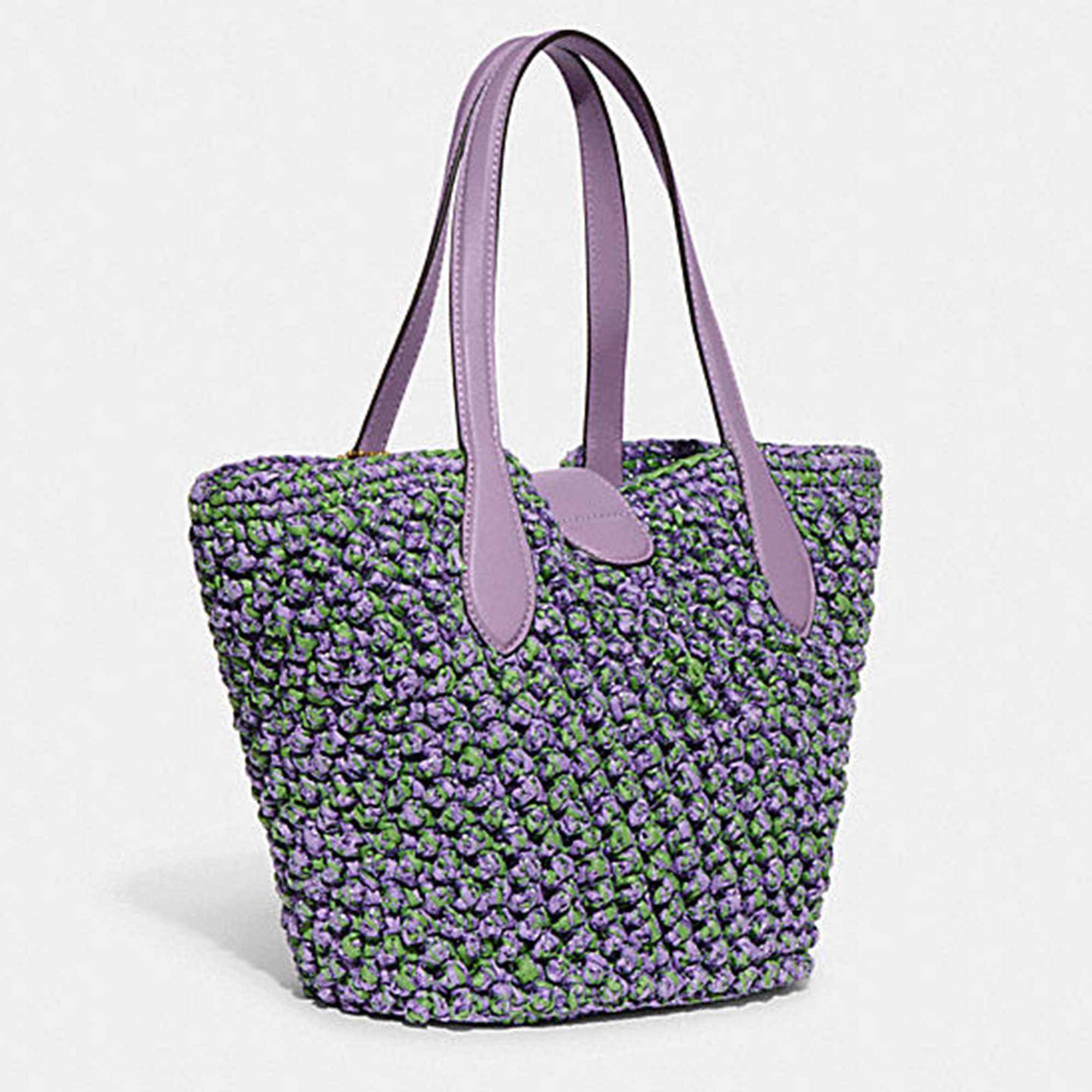Coach Light Purple/Green Straw And Leather Small Tote Bag