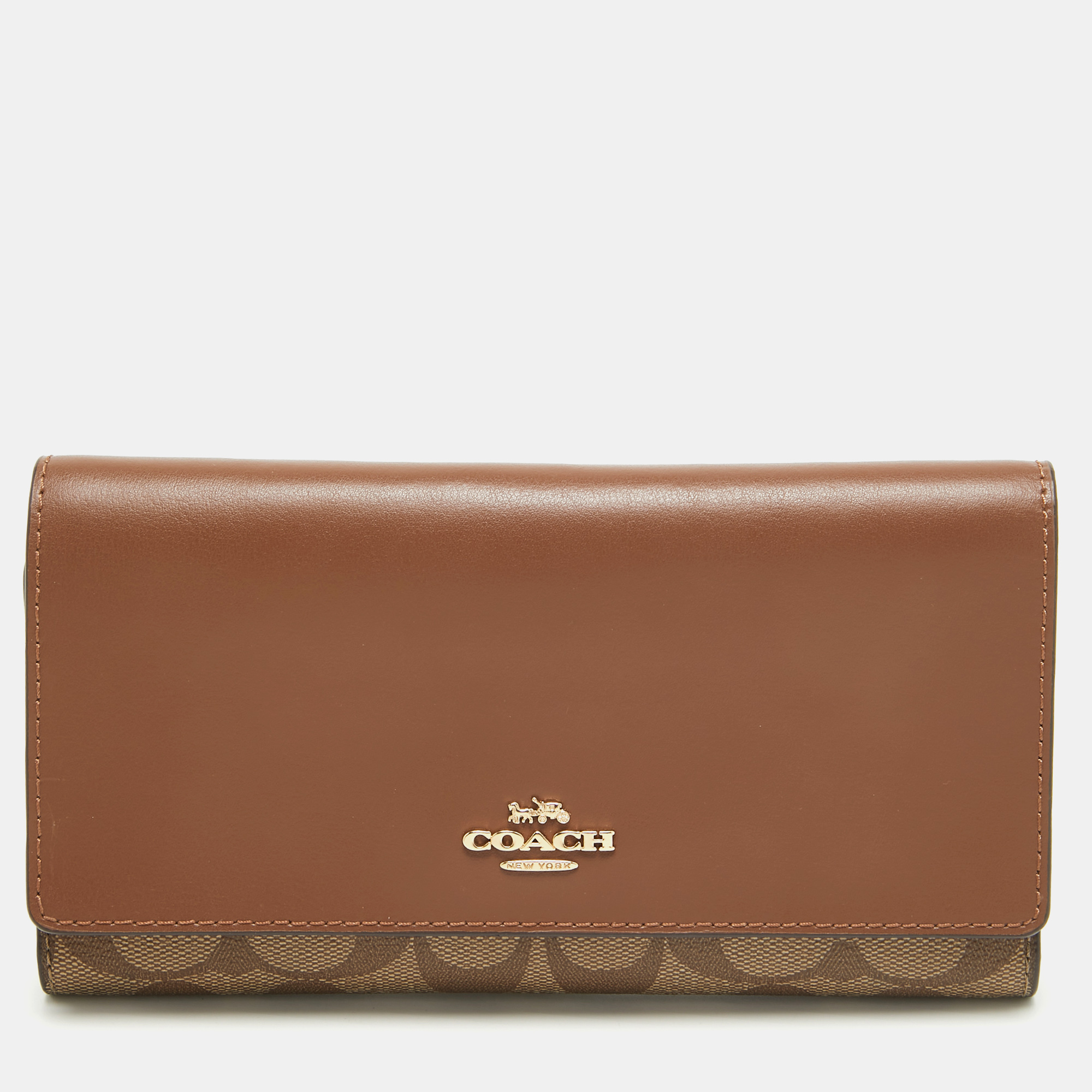 Coach brown/beige signature coated canvas and leather trifold long wallet