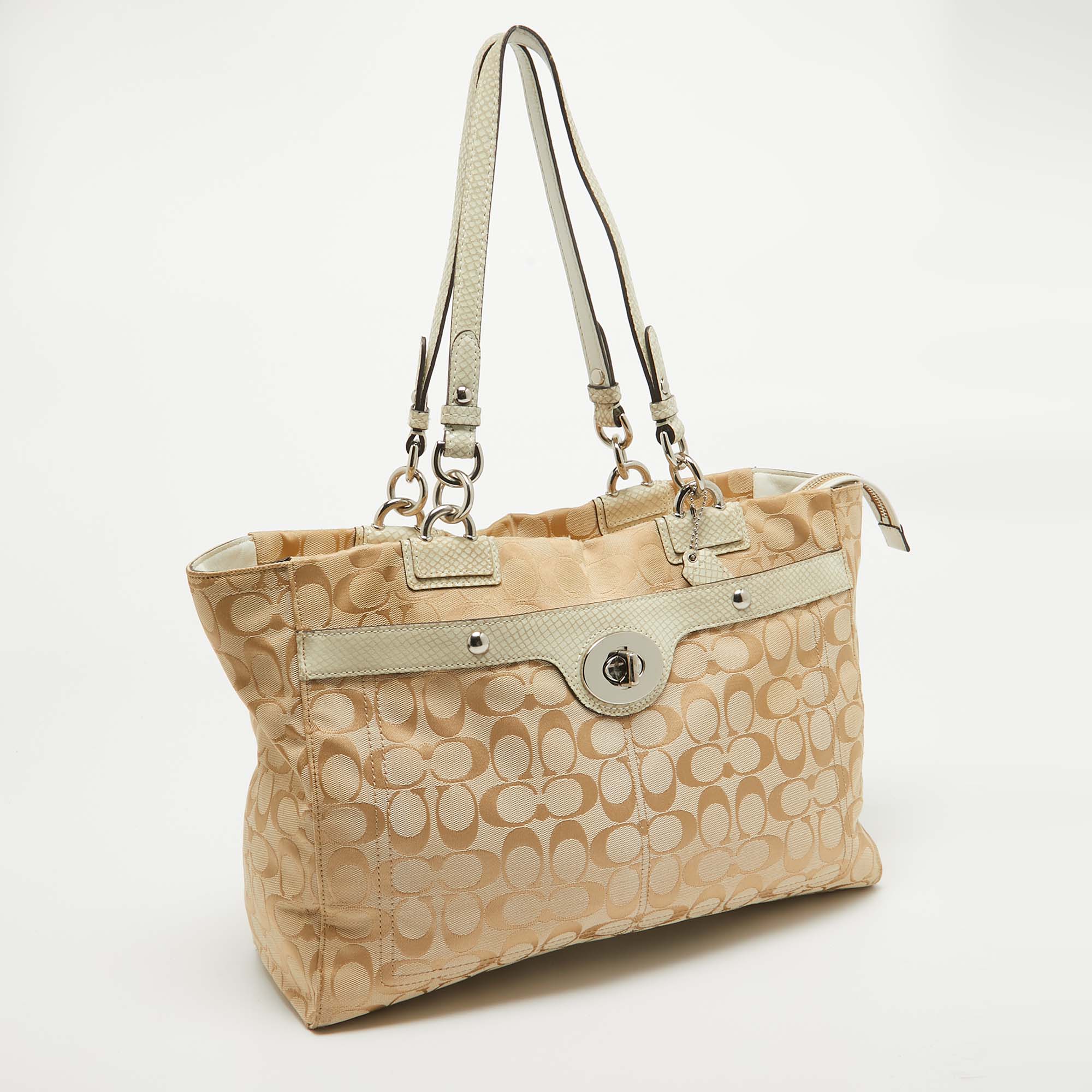 Coach Beige/Off White Signature Canvas And Snakeskin Embossed Leather Penelope Tote