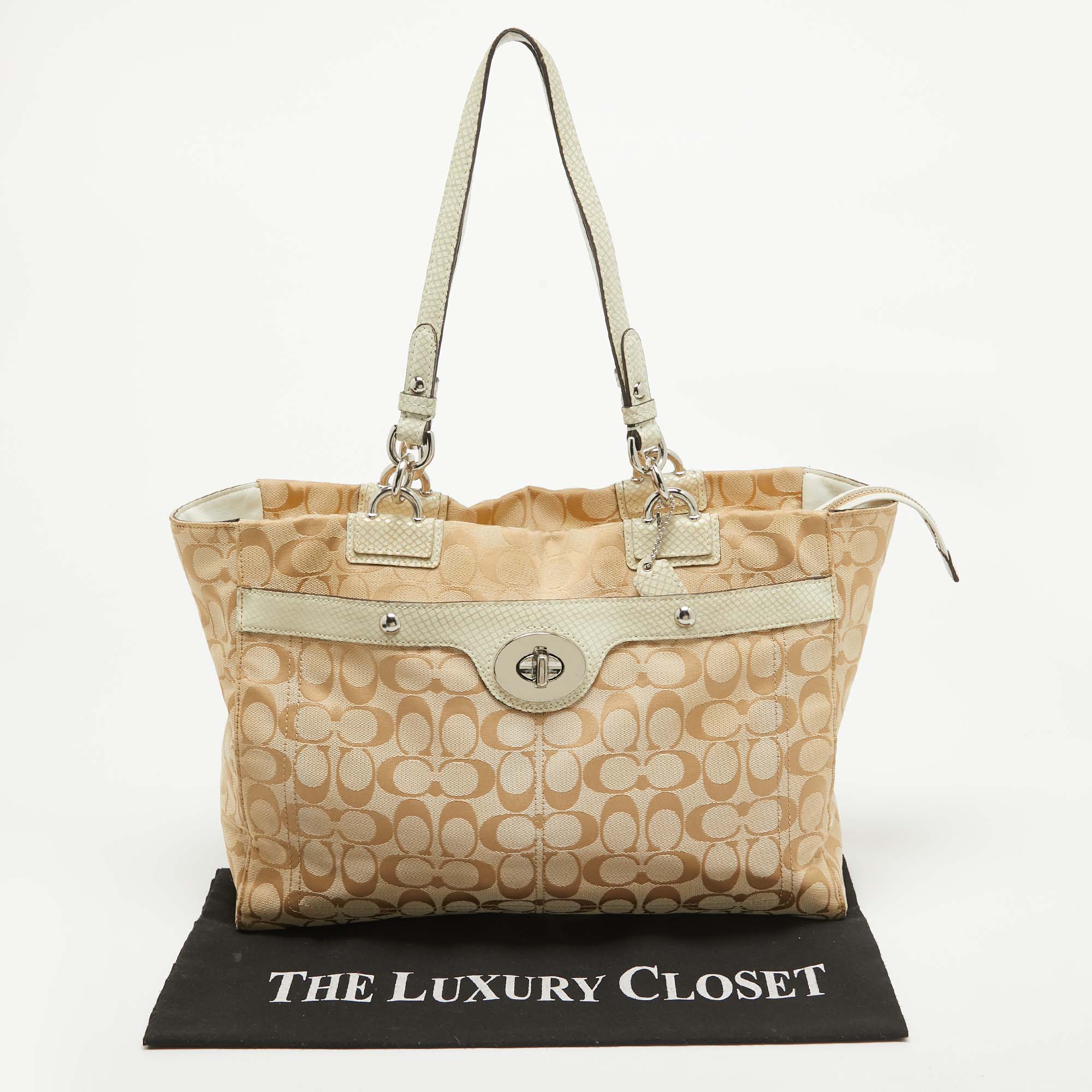 Coach Beige/Off White Signature Canvas And Snakeskin Embossed Leather Penelope Tote