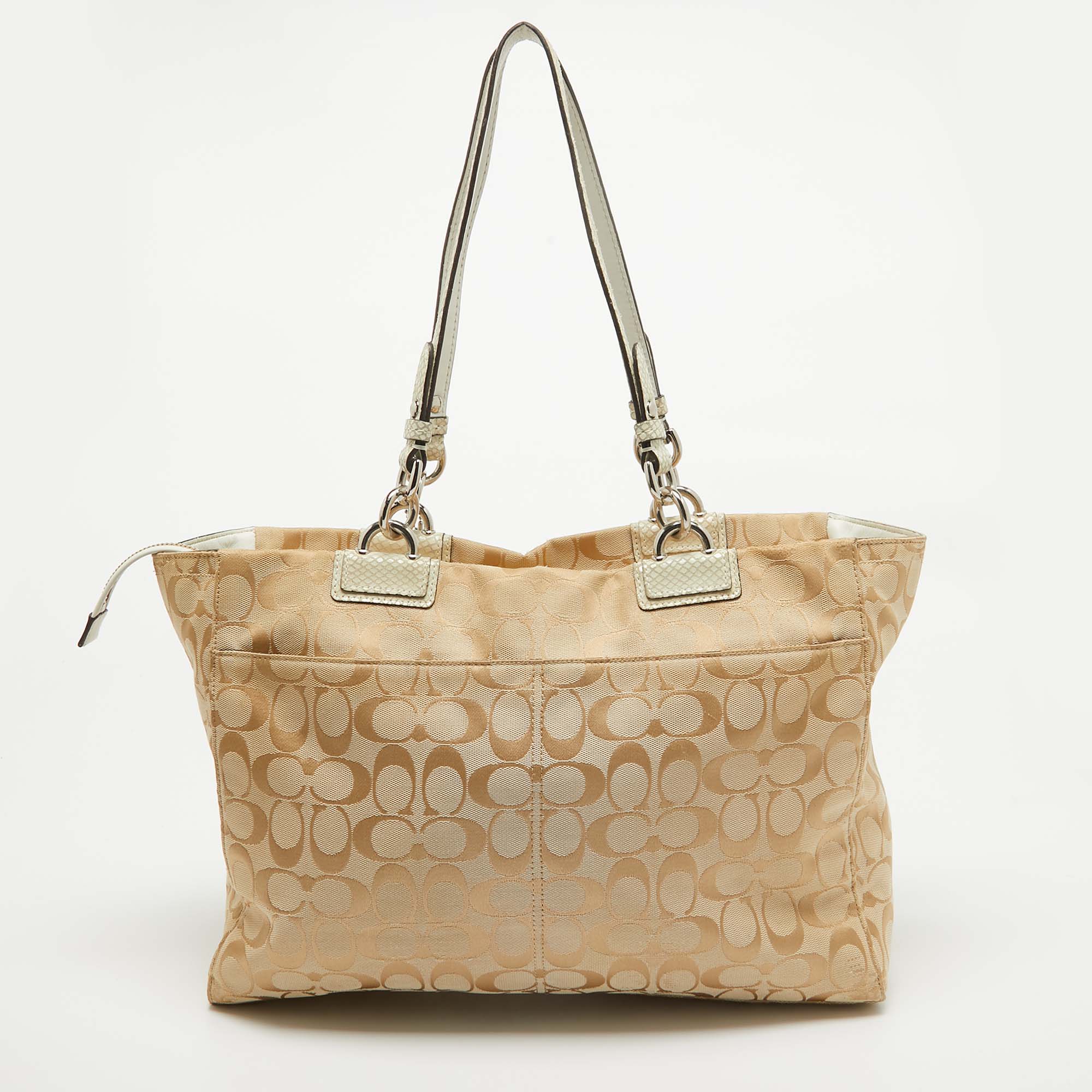 Coach Beige/Off White Signature Canvas And Snakeskin Embossed Leather Penelope Tote