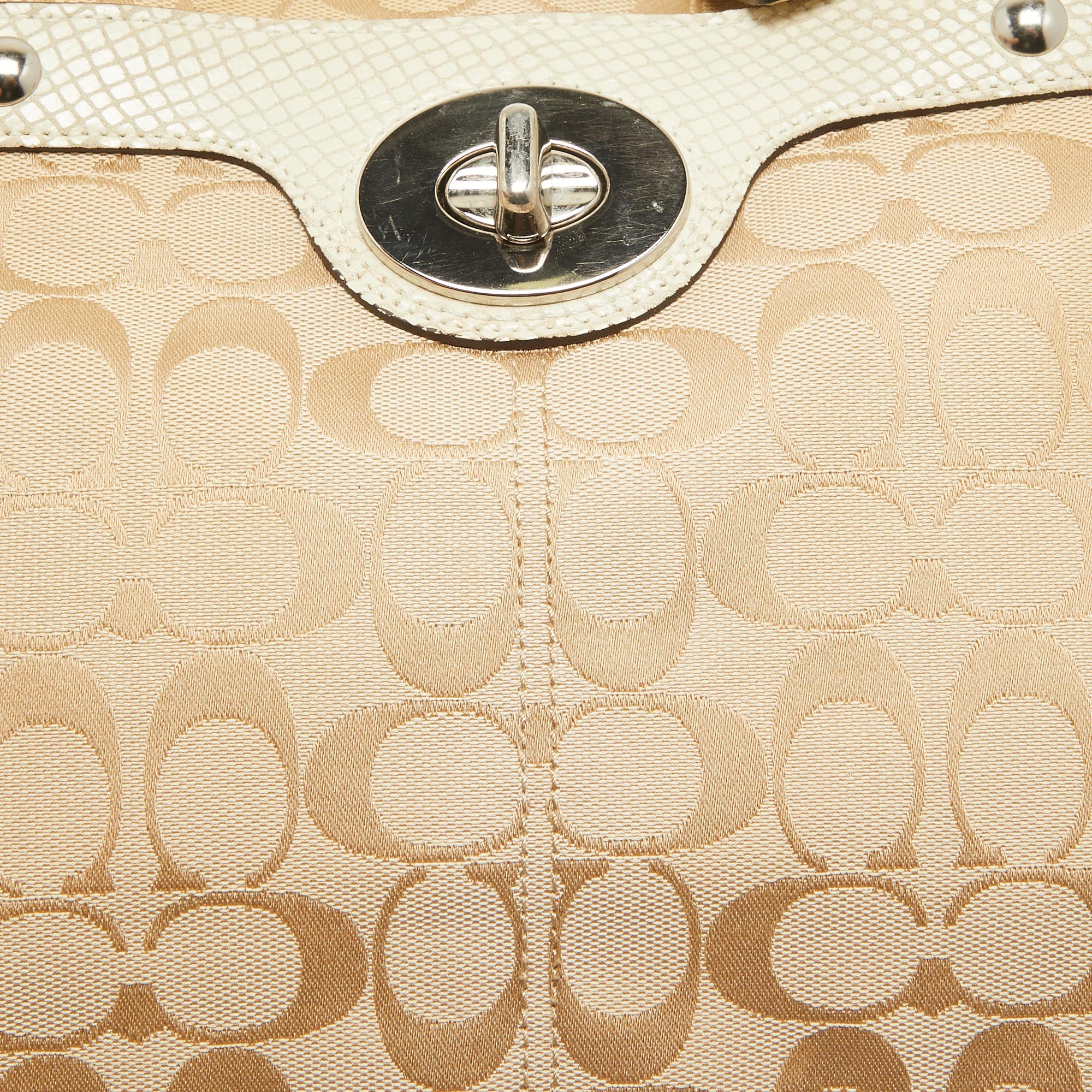 Coach Beige/Off White Signature Canvas And Snakeskin Embossed Leather Penelope Tote