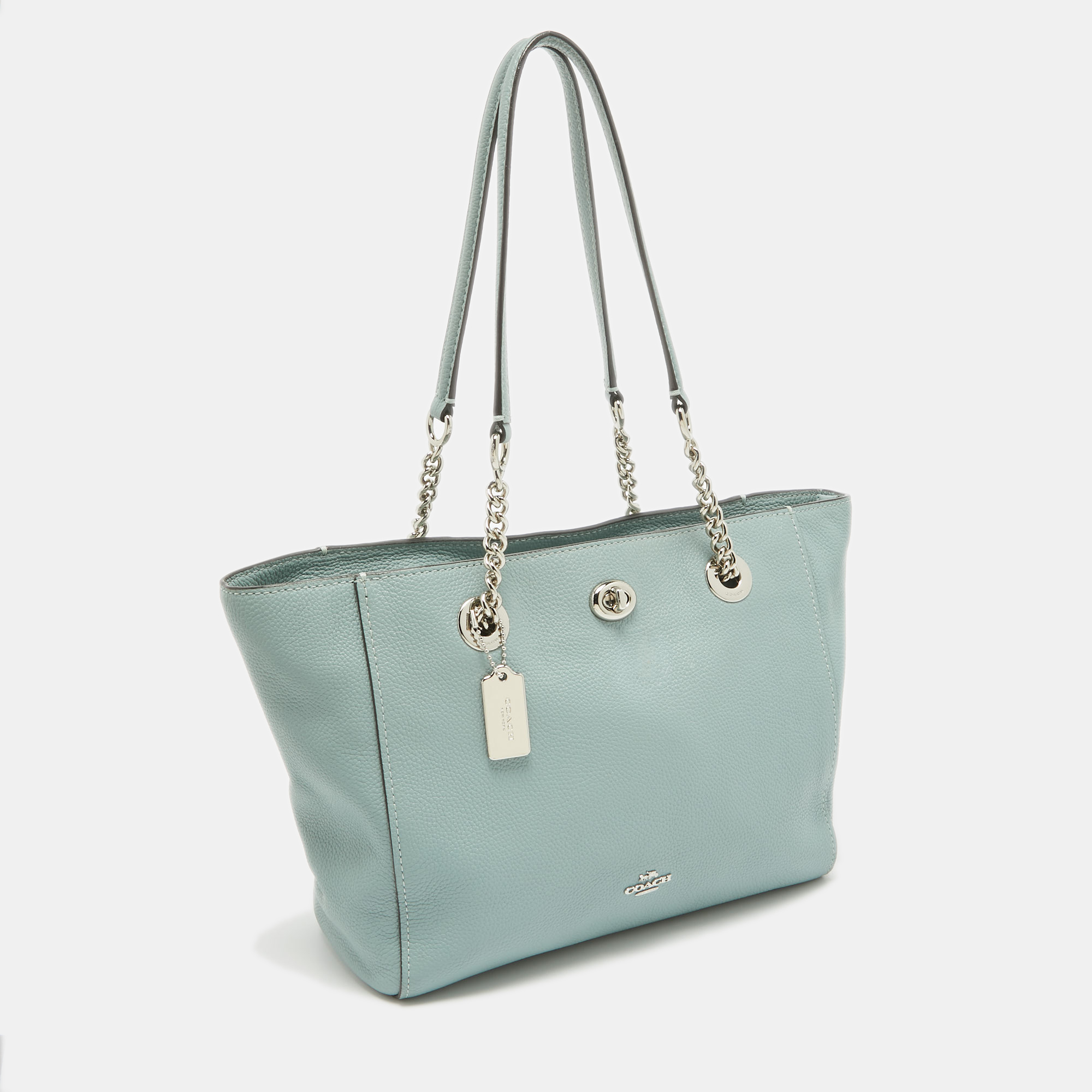 Coach Light Blue Leather Turnlock Chain Tote