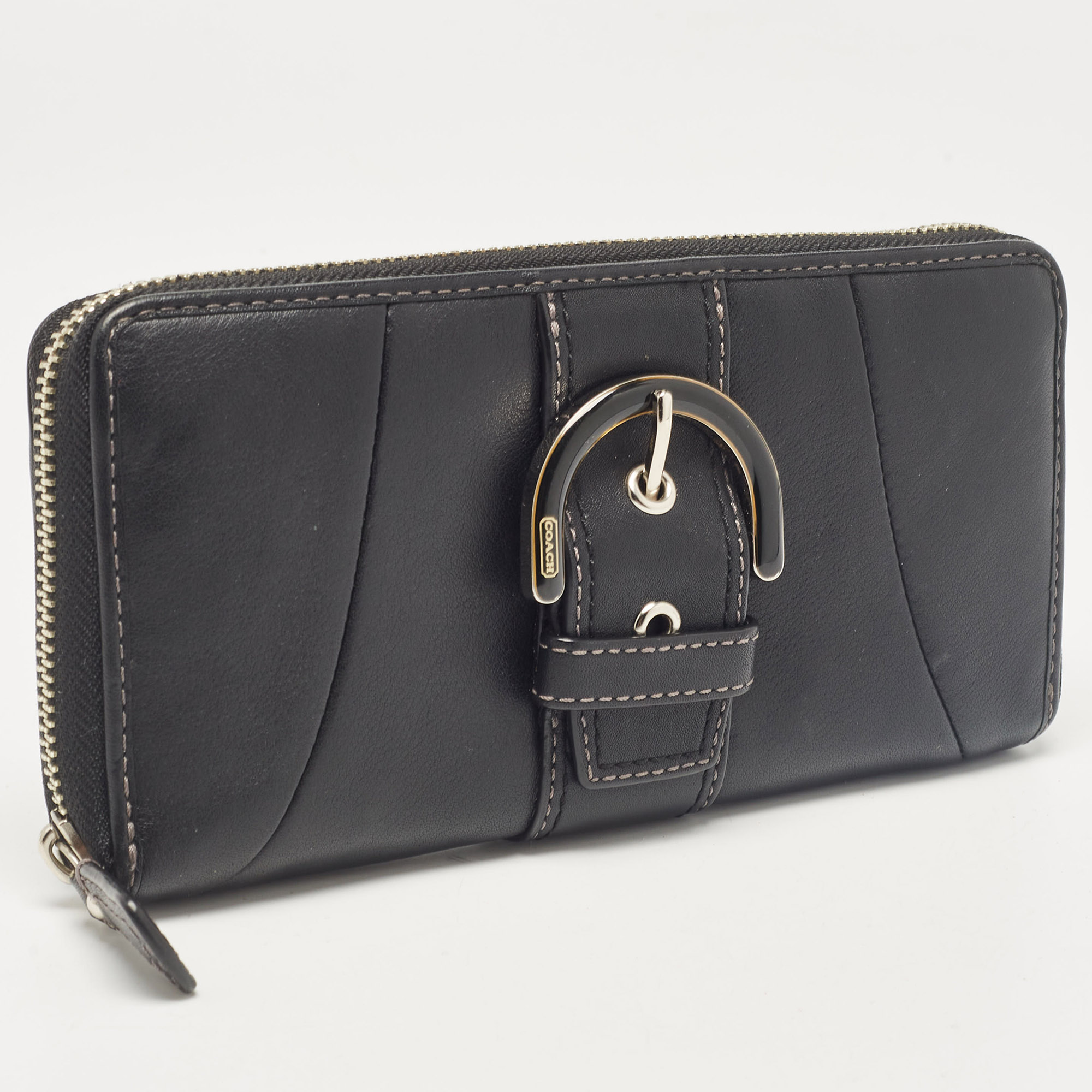 Coach Black Leather Buckle Zip Continental Wallet