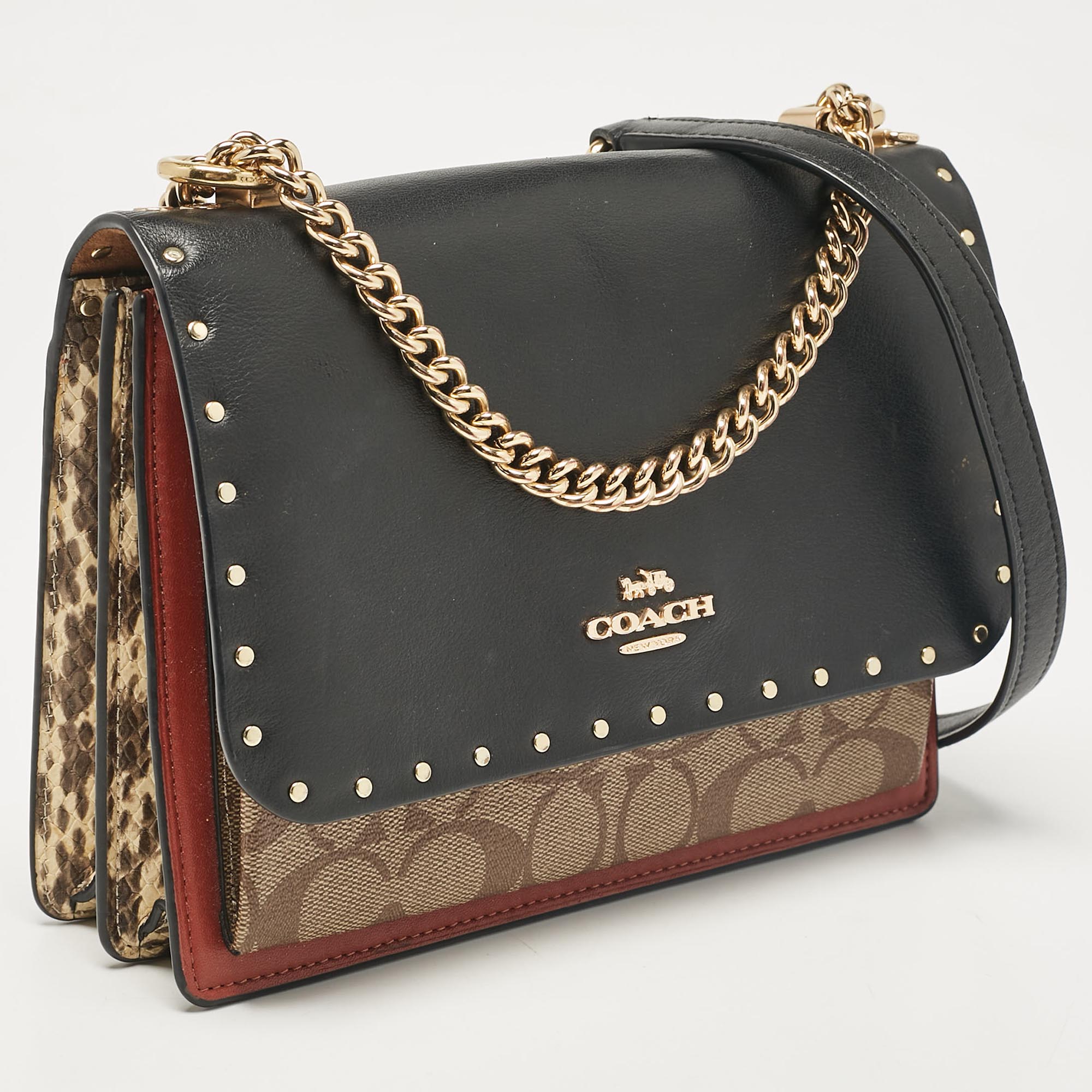 Coach Multicolor Signature Coated Canvas, Python Embossed And Leather Mini Klare Shoulder Bag