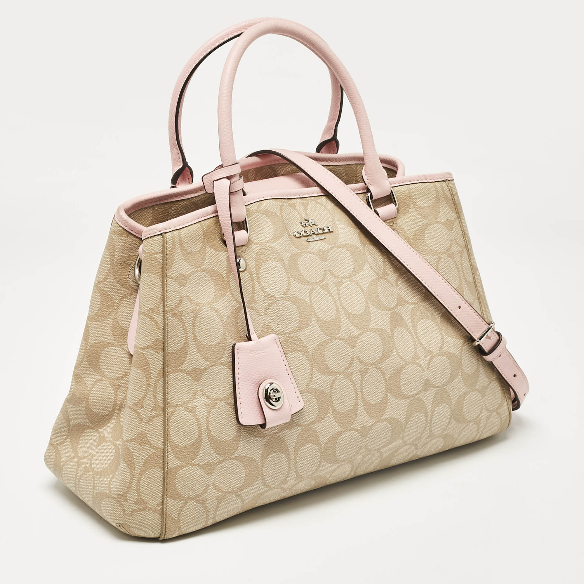 Coach Pink/Beige Signature Coated Canvas Margot Carryall Satchel