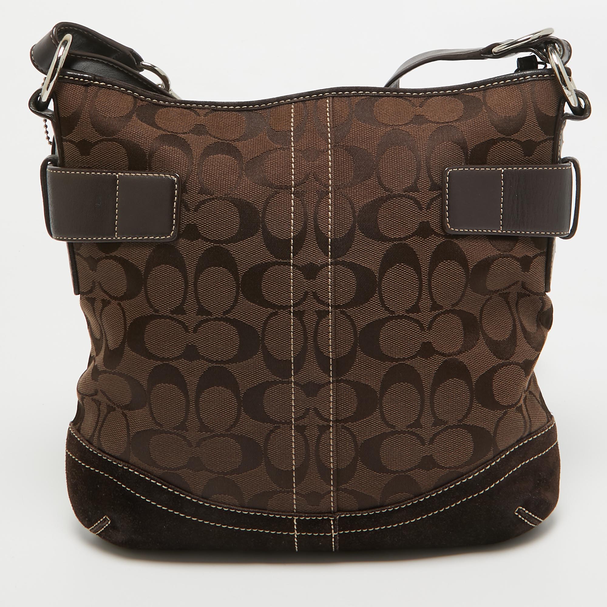 Coach Dark Brown Signature Canvas And Suede Crossbody Bag