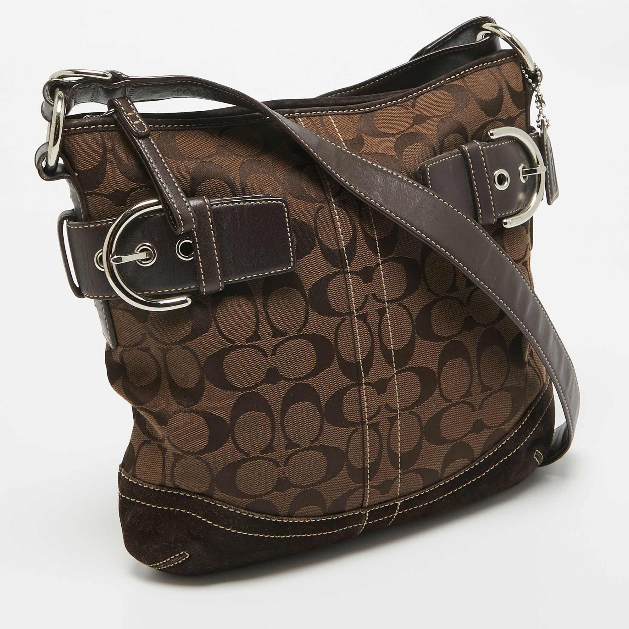 Coach Dark Brown Signature Canvas And Suede Crossbody Bag