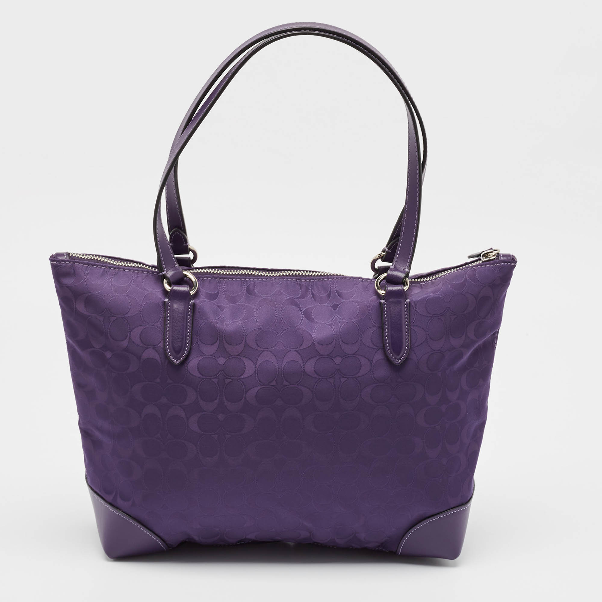 Coach Purple Signature Nylon And Leather Zip Top Tote