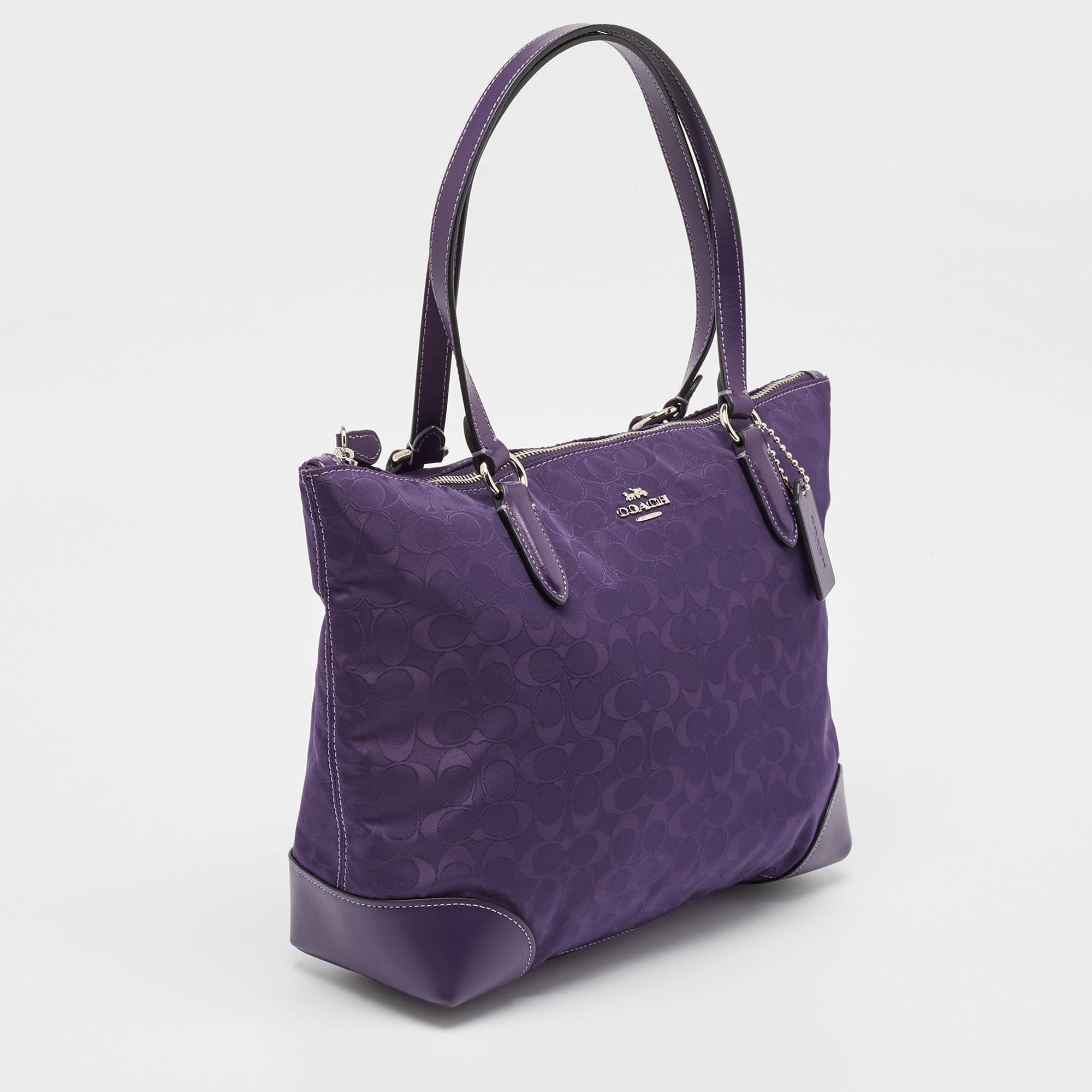 Coach Purple Signature Nylon And Leather Zip Top Tote