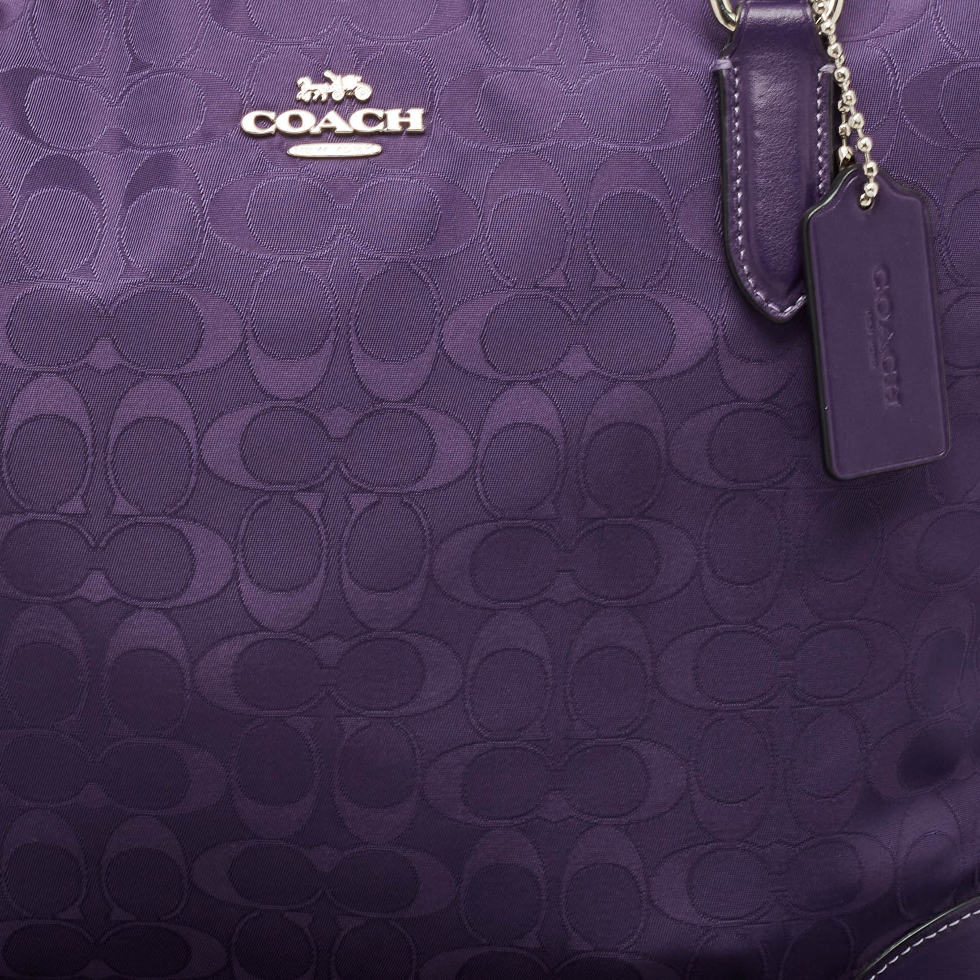 Coach Purple Signature Nylon And Leather Zip Top Tote