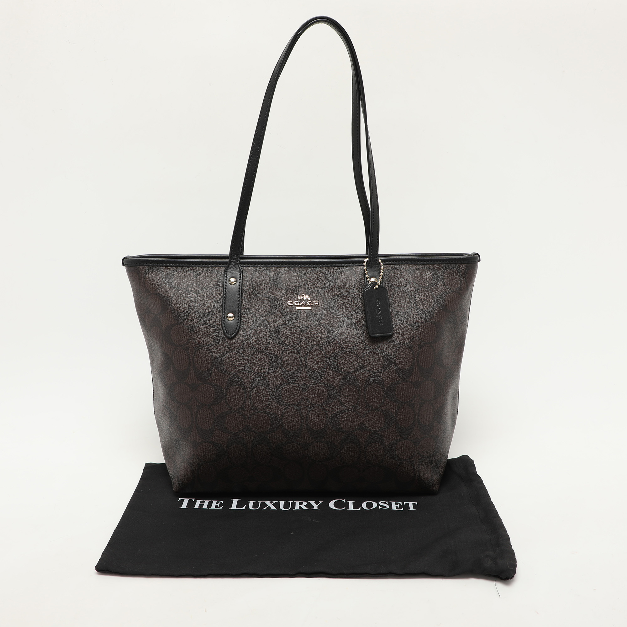 Coach Black/Brown Signature Coated Canvas And Leather City Zip Tote