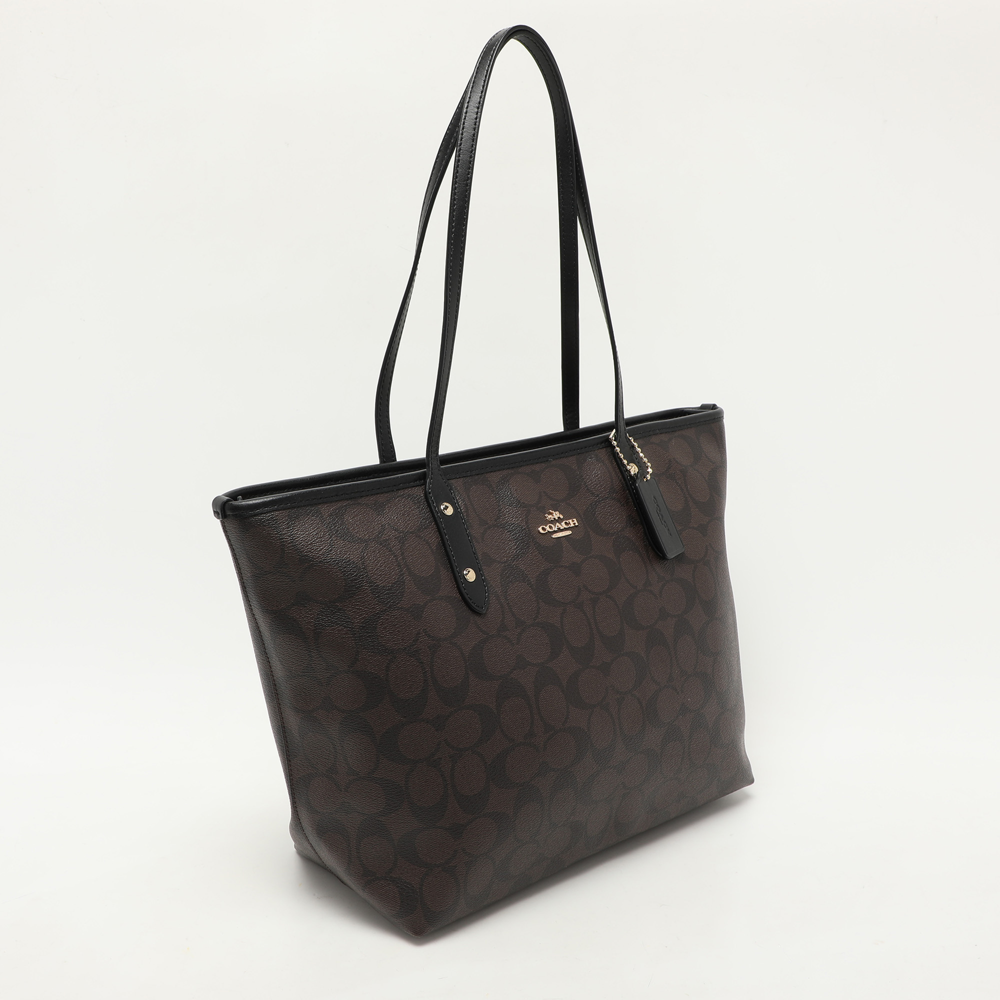 Coach Black/Brown Signature Coated Canvas And Leather City Zip Tote