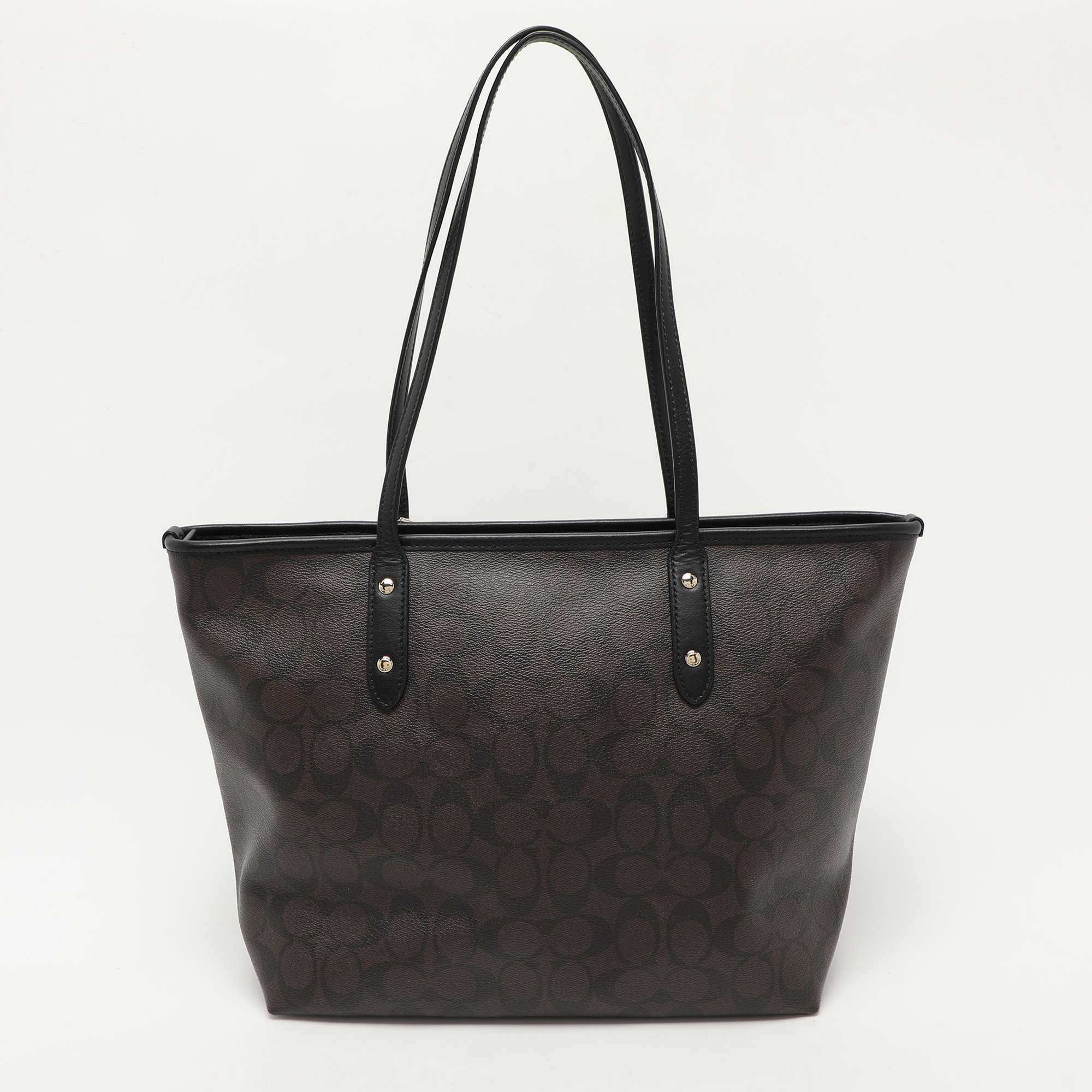 Coach Black/Brown Signature Coated Canvas And Leather City Zip Tote