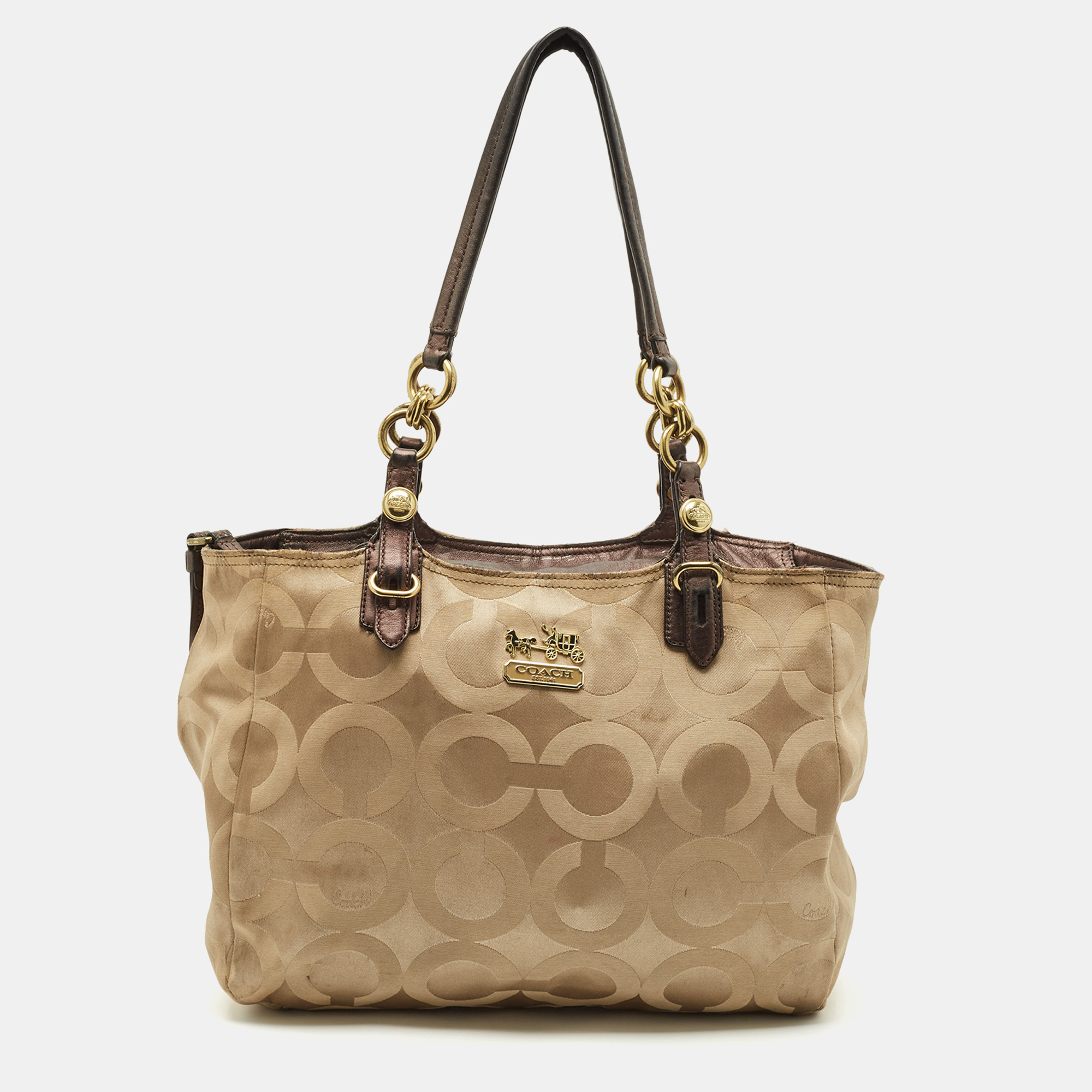 Coach Beige/Brown Signature OP Art Fabric and Leather Carryall Shoulder Bag
Coach Beige/Brown Signature OP Art Fabric and Leather Carryall Shoulder Bag