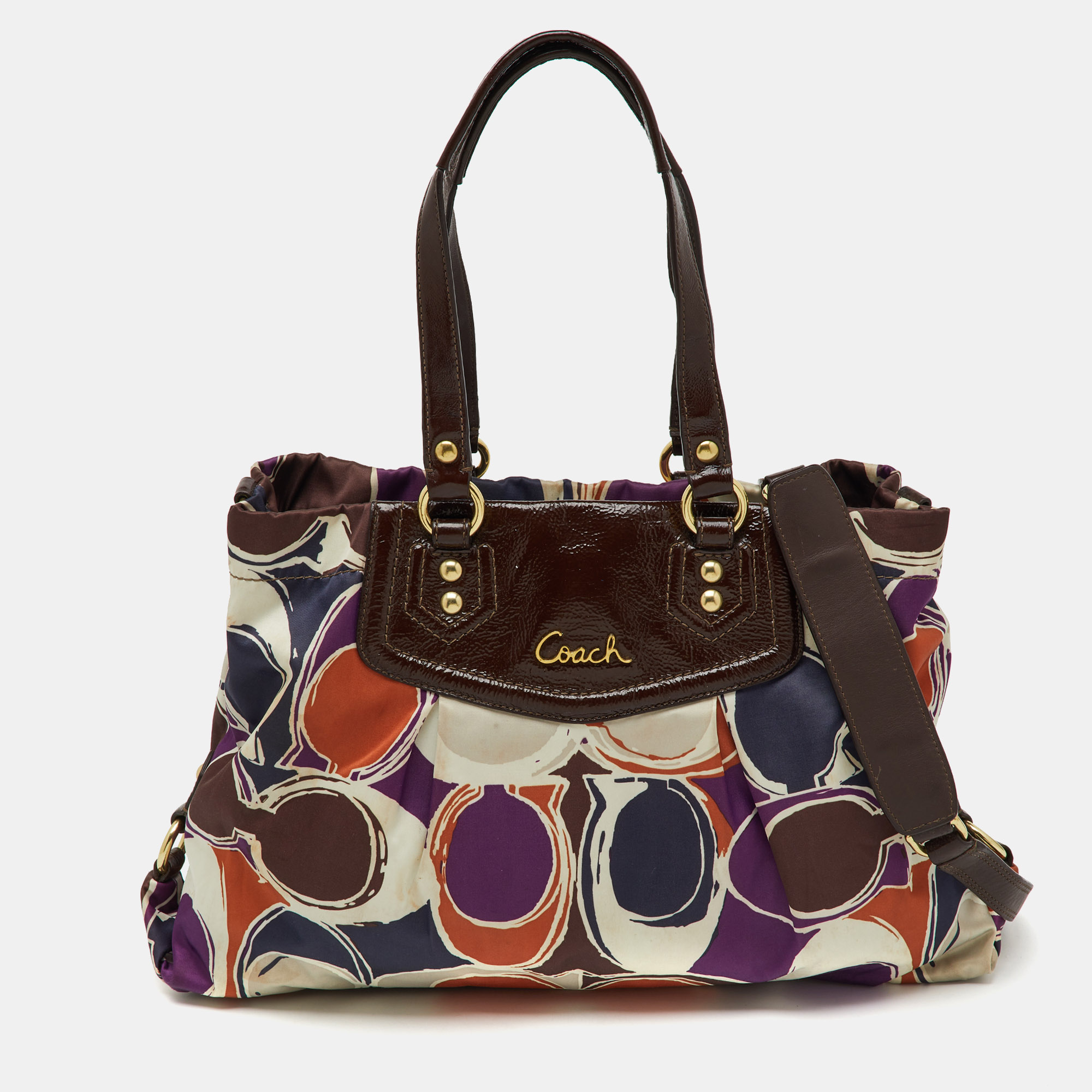 Coach Multicolor Ashley Logo Scarf Print Satin and Patent Leather Tote
Coach Multicolor Ashley Logo Scarf Print Satin and Patent Leather Tote