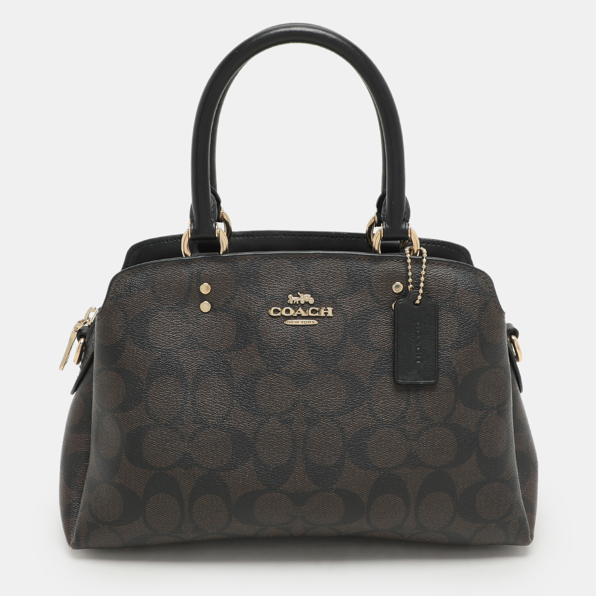 Coach Brown/Black Signature Coated Canvas and Leather Mini Lillie Carryall Satchel
Coach Brown/Black Signature Coated Canvas and Leather Mini Lillie Carryall Satchel