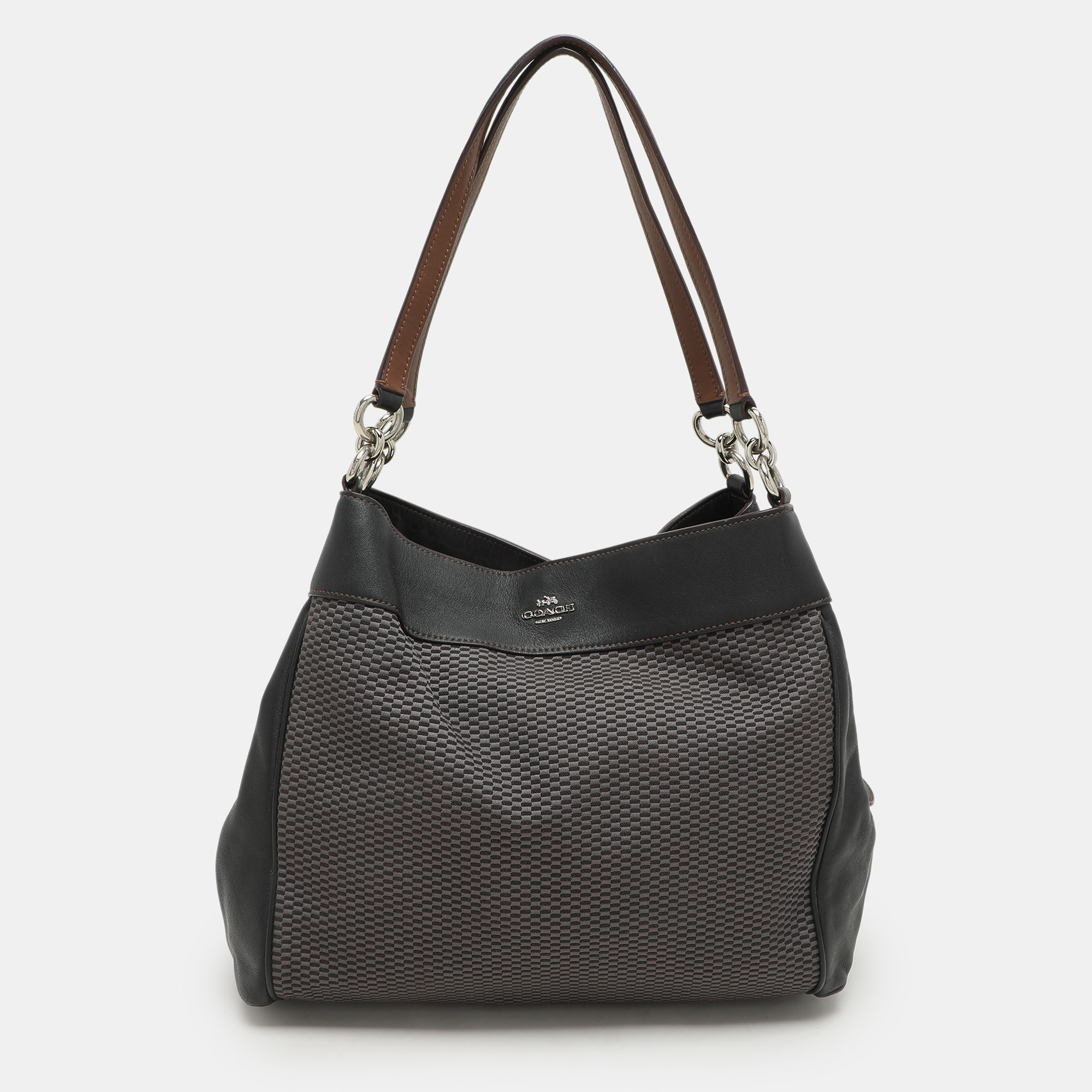 Coach Dark Brown/Grey Jacquard Canvas and Leather Legacy Lexy Shoulder Bag
Coach Dark Brown/Grey Jacquard Canvas and Leather Legacy Lexy Shoulder Bag