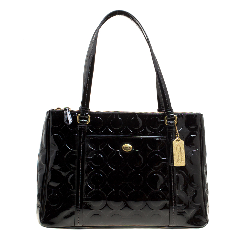 Image of Coach Black Patent Leather Peyton Op Art Double Zip Satchel