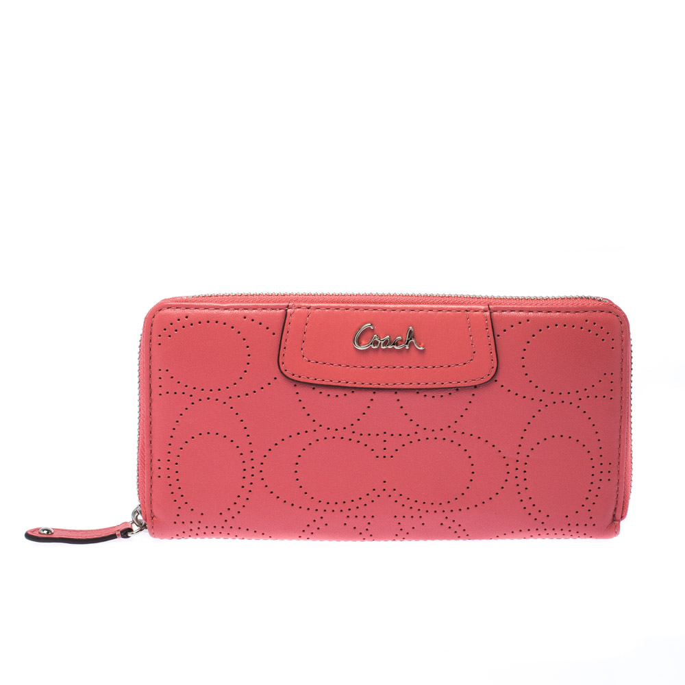 Image of Coach Coral Peach Perforated Signature Leather Zip Around Wallet