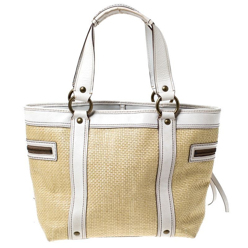 Coach Beige/White Straw And Leather Tote
