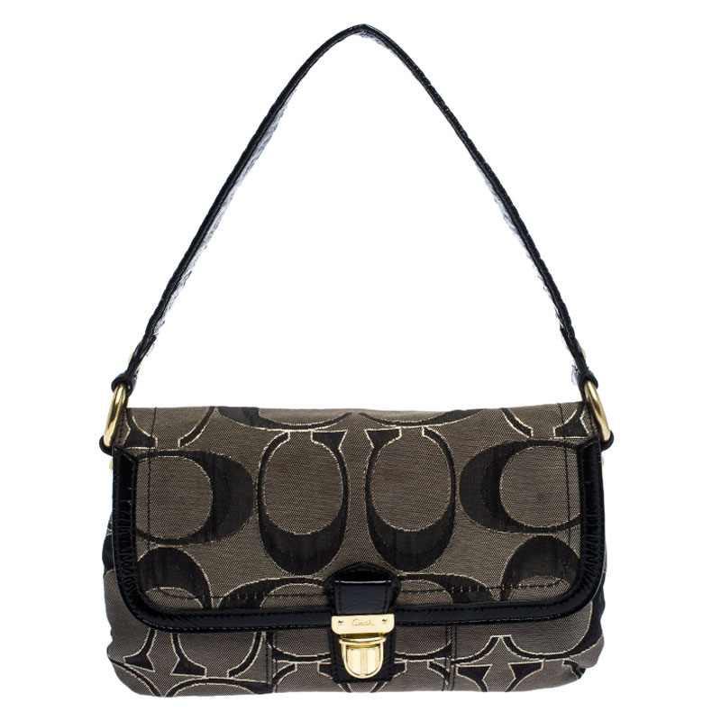 Image of Coach Black/Grey Signature Canvas and Patent Leather Shoulder Bag
