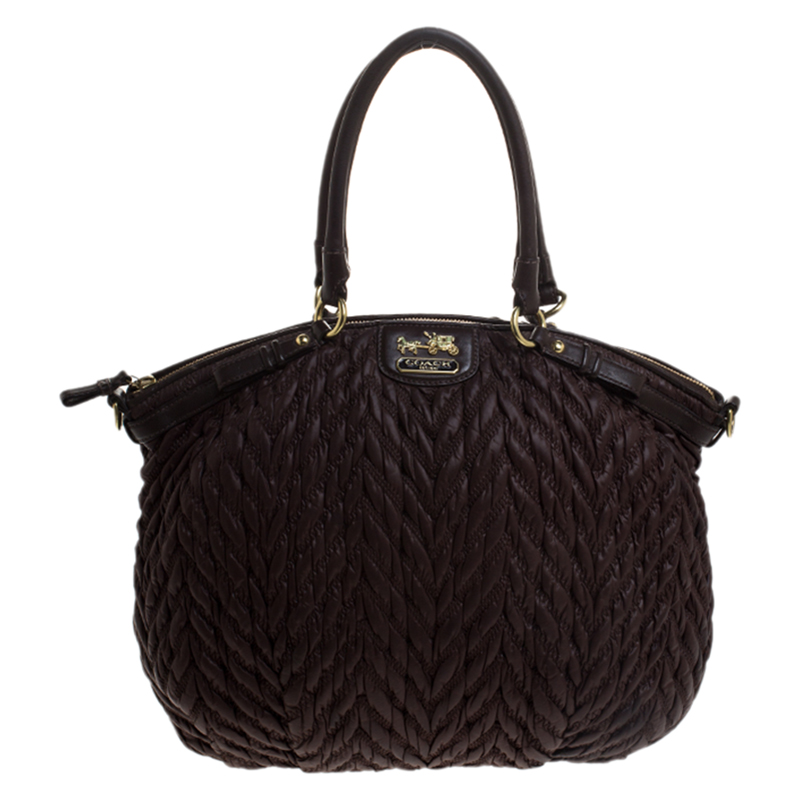 Coach dark brown quilted nylon and leather 70th anniversary madison satchel