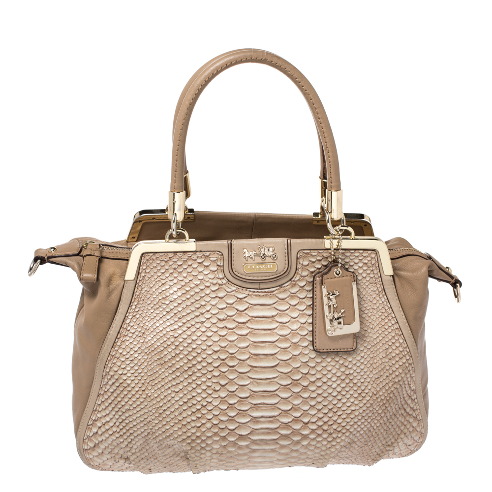 Image of Coach Beige Embossed Python and Leather Satchel
