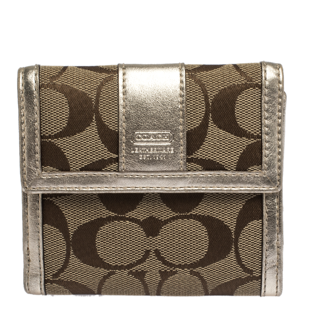 Image of Coach Beige/Gold Signature Canvas and Leather Compact Wallet
