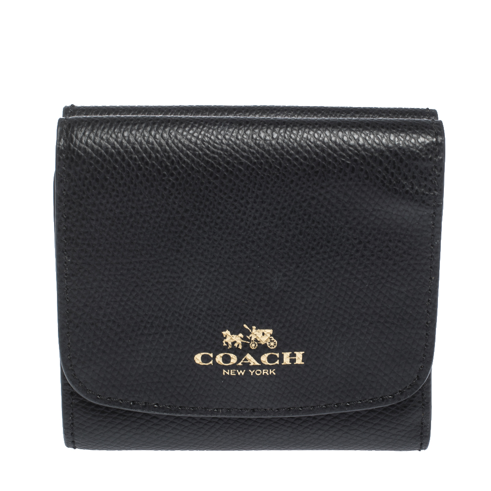 Image of Coach Black Leather Trifold Compact Wallet