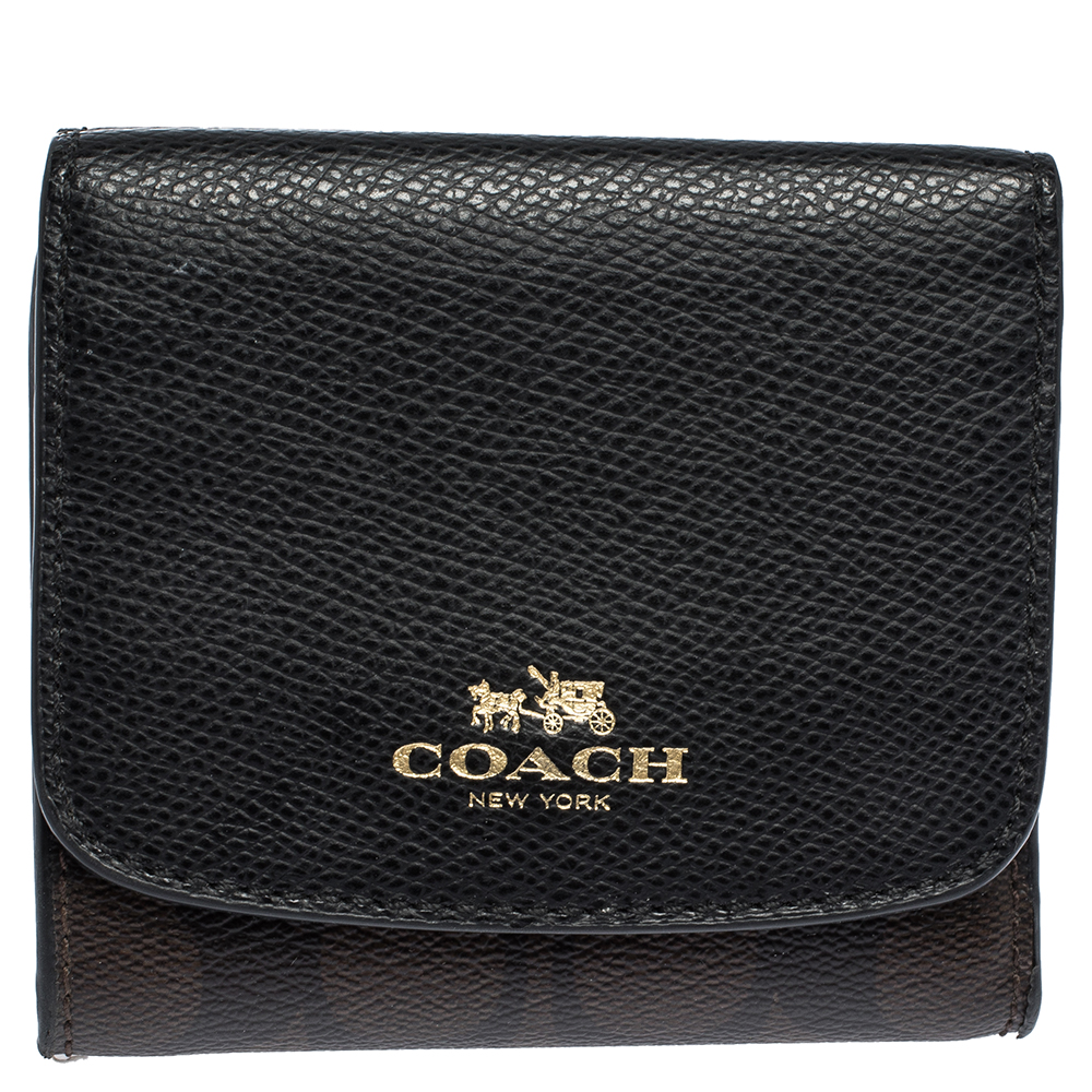 Image of Coach Brown/Black Coated Canvas and Leather Trifold Wallet
