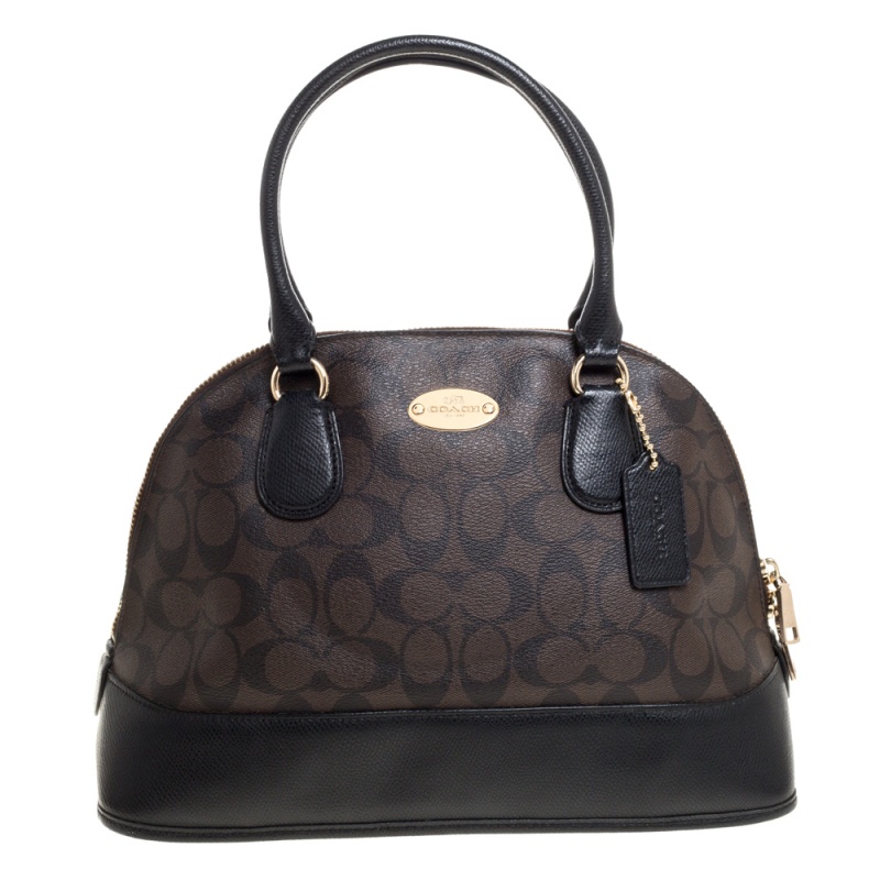 Image of Coach Brown/Black Signature Coated Canvas and Leather Cora Domed Satchel