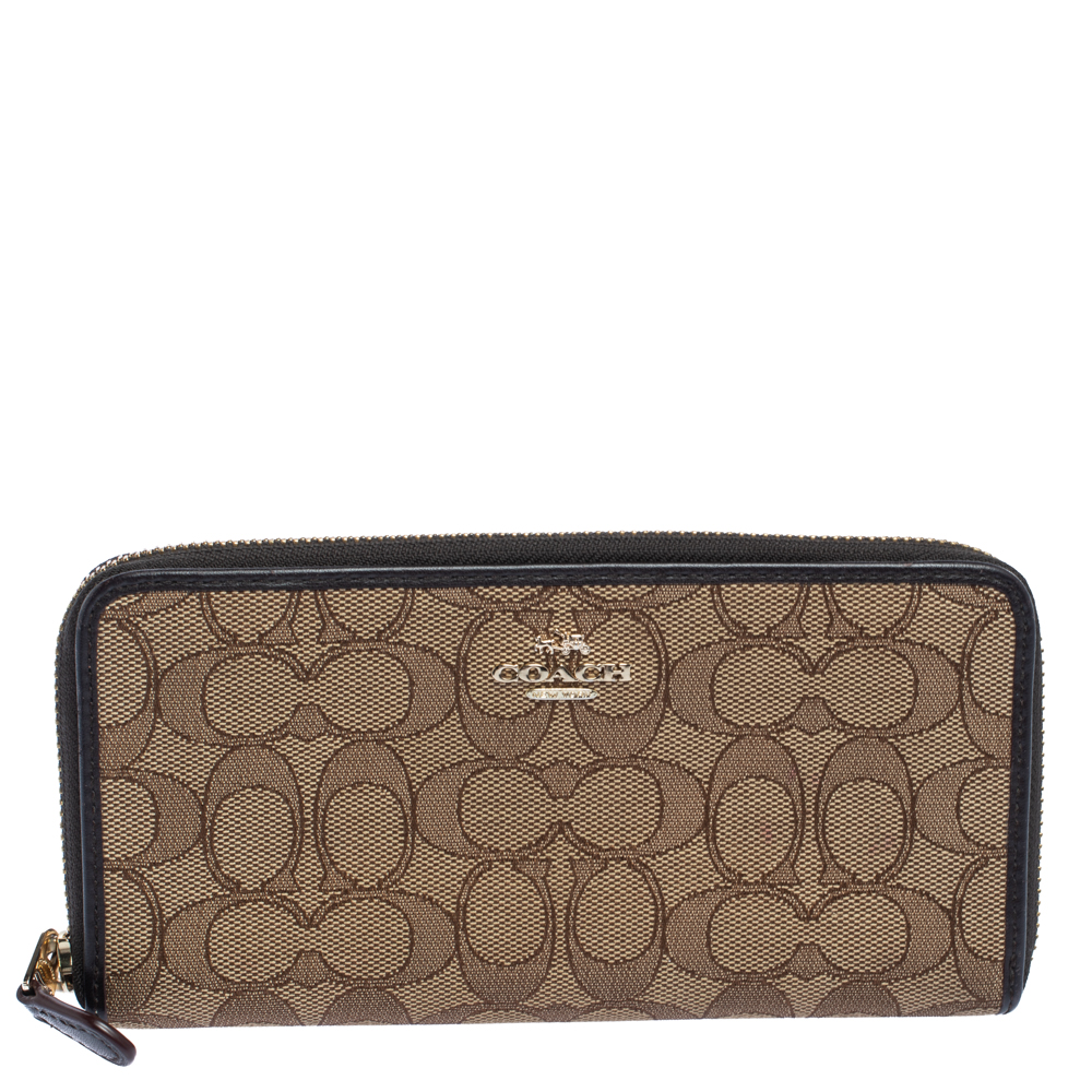 Image of Coach Beige/Brown Signature Canvas and Leather Zip Around Wallet