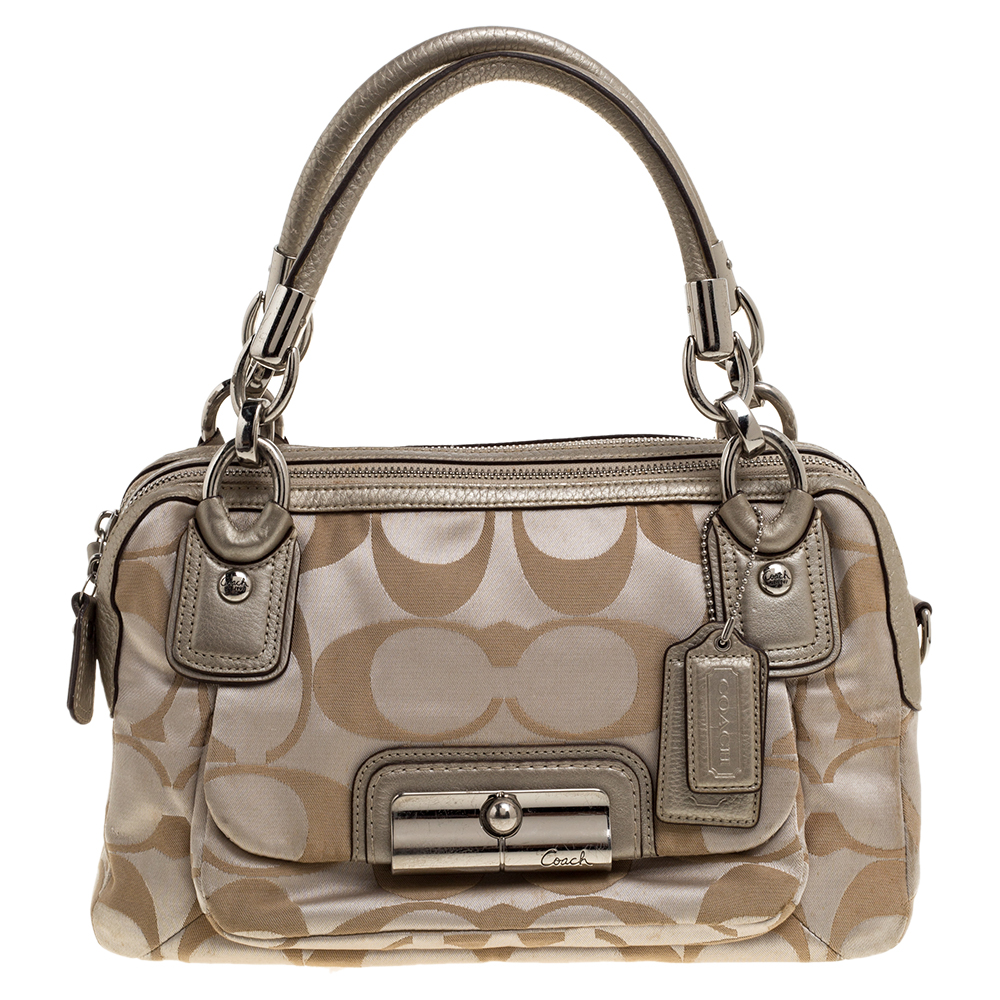 Image of Coach Beige Signature Fabric and Leather Kristin Double Zip Satchel