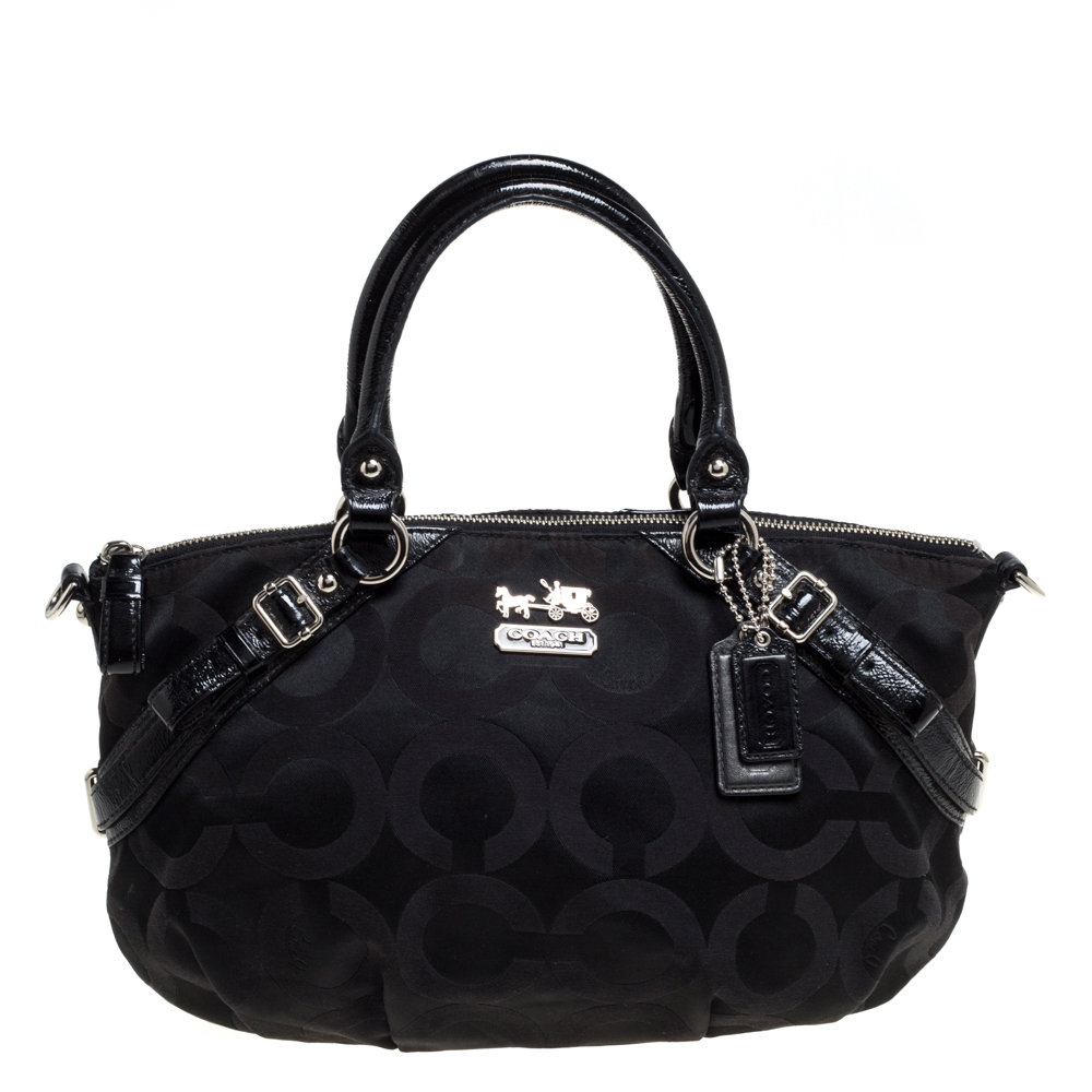Image of Coach Black Signature Canvas and Patent Leather Sophia Satchel