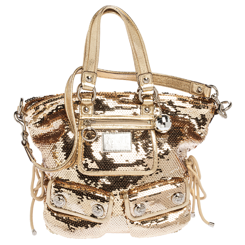 Image of Coach Gold Sequin and Leather Spotlight Pocket Shoulder Bag