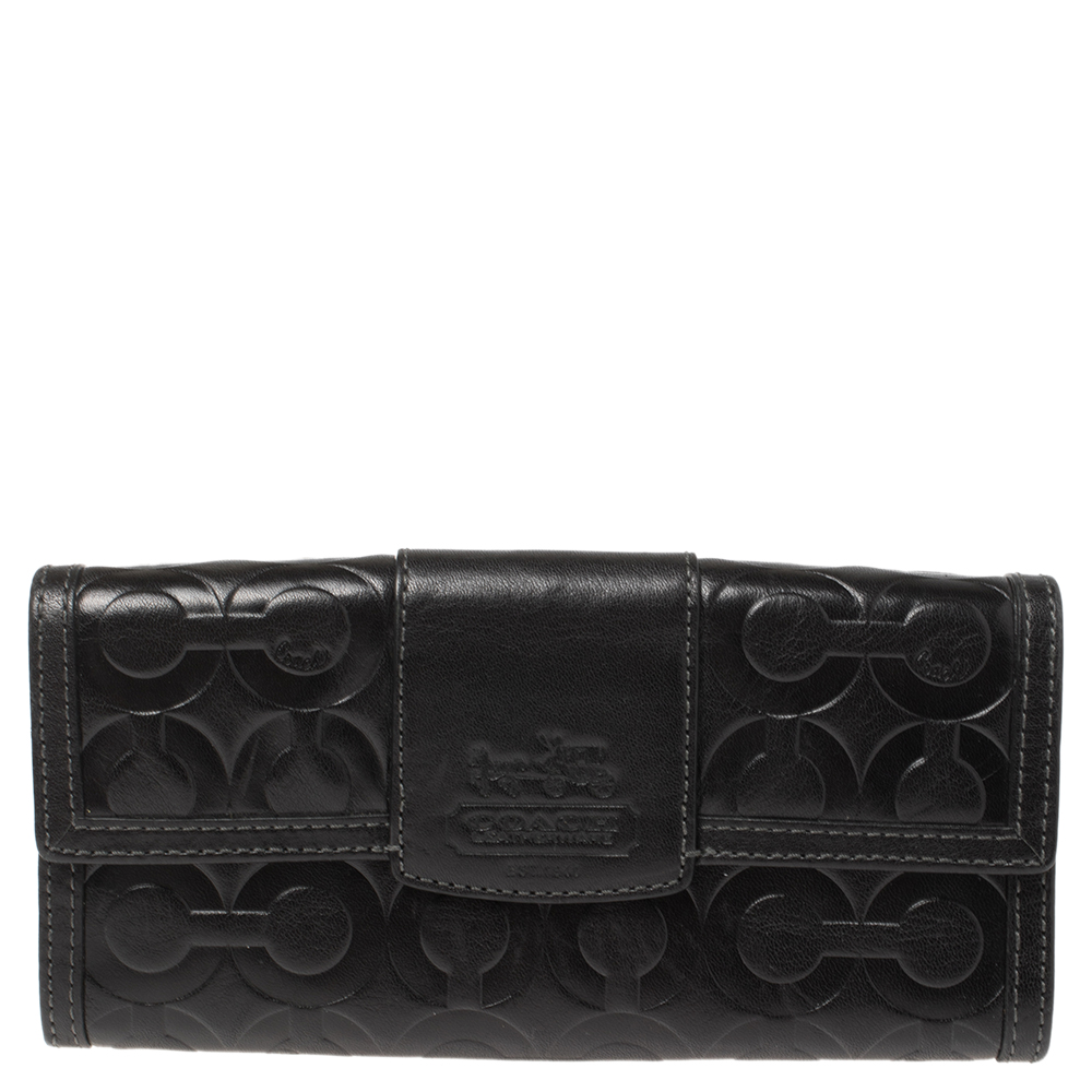 Image of Coach Black Signature Embossed Leather Flap Wallet