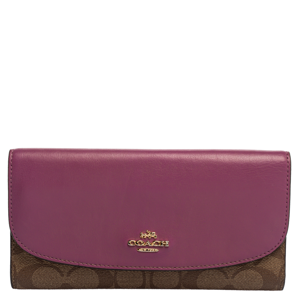Image of Coach Beige/Magenta Signature Coated Canvas and Leather Continental Wallet