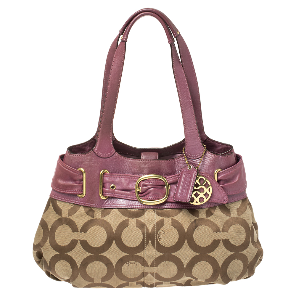 Image of Coach Beige/Magenta Op Art Canvas and Leather Shoulder Bag