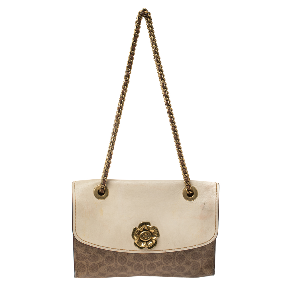 Image of Coach Brown/Beige Signature Coated Canvas and Leather Shoulder Bag