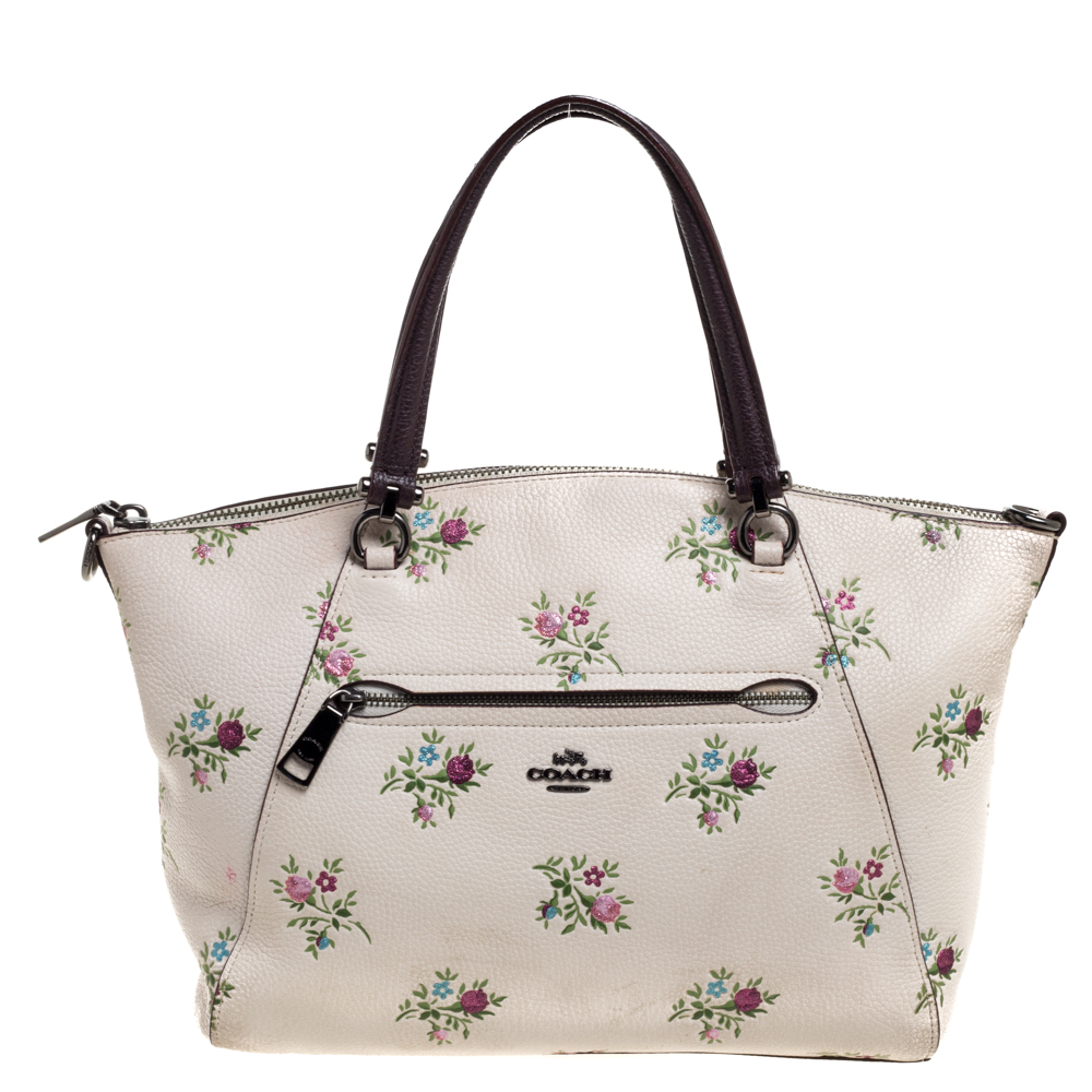 Image of Coach Cream/Burgundy Daisy Print Leather Prairie Satchel