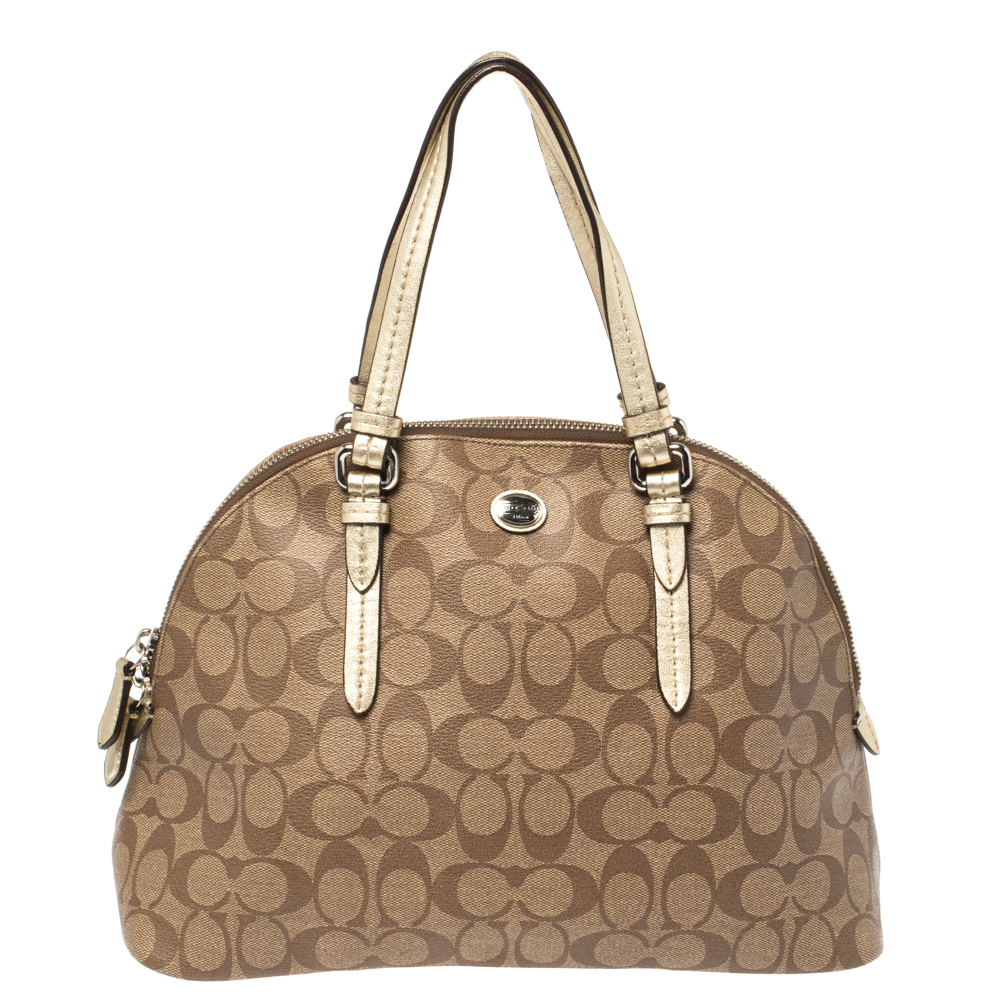Image of Coach Brown/Gold Signature Coated Canvas and Leather Peyton Cora Satchel