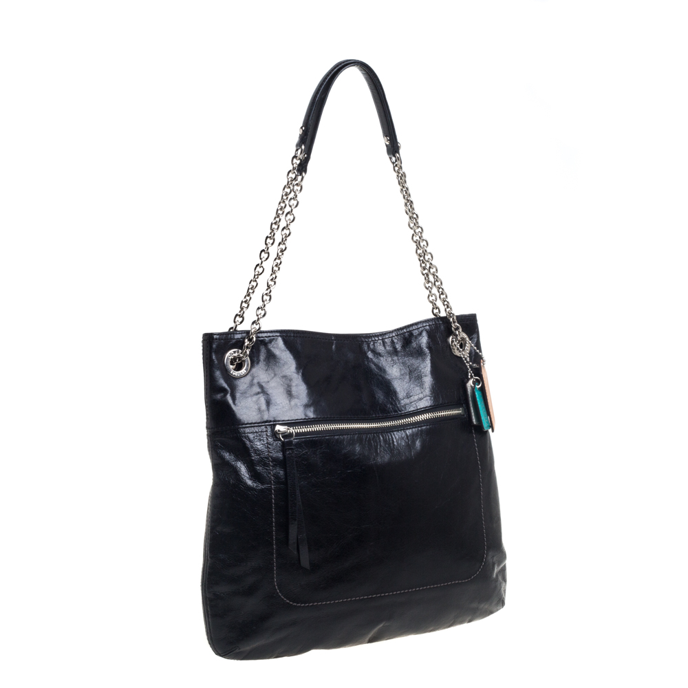 Coach Black Crackled Leather Chain Tote