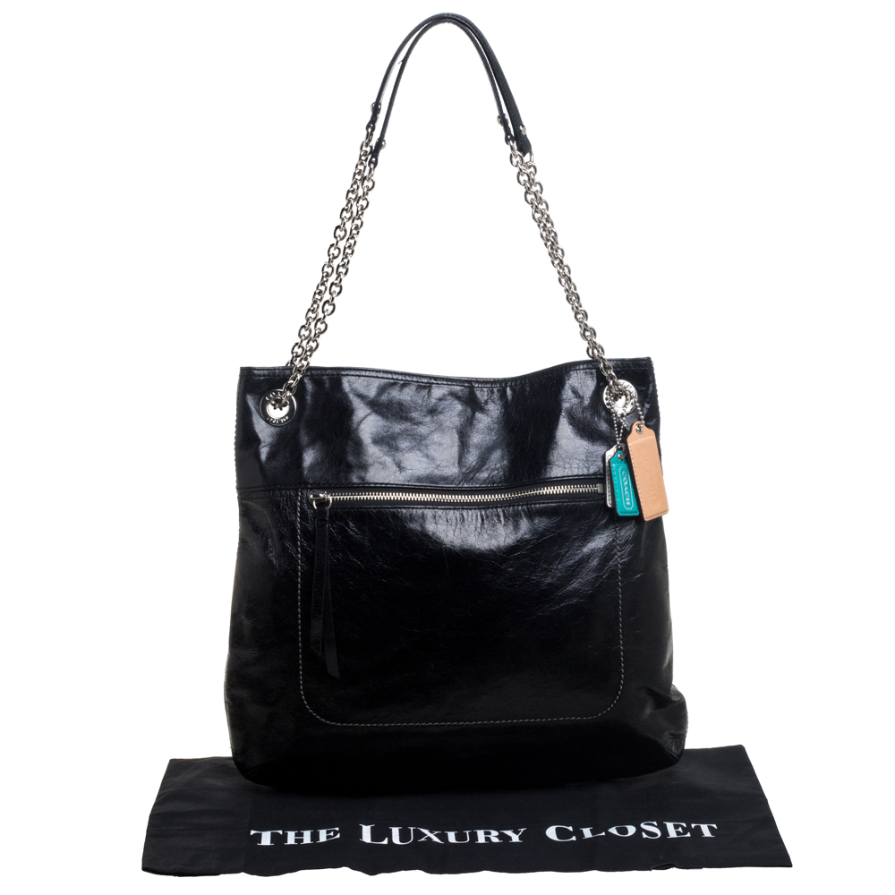 Coach Black Crackled Leather Chain Tote