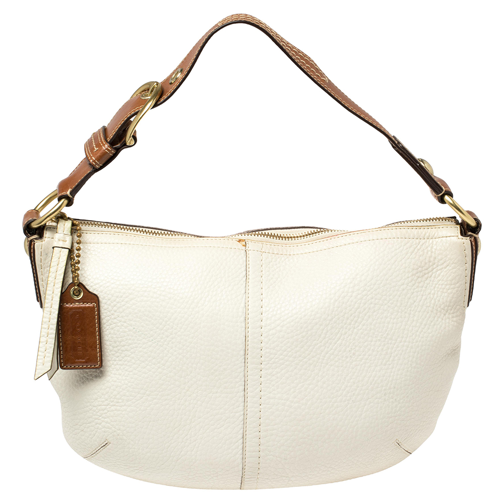 Coach White/Brown Pebbled Leather Buckle Handle Hobo